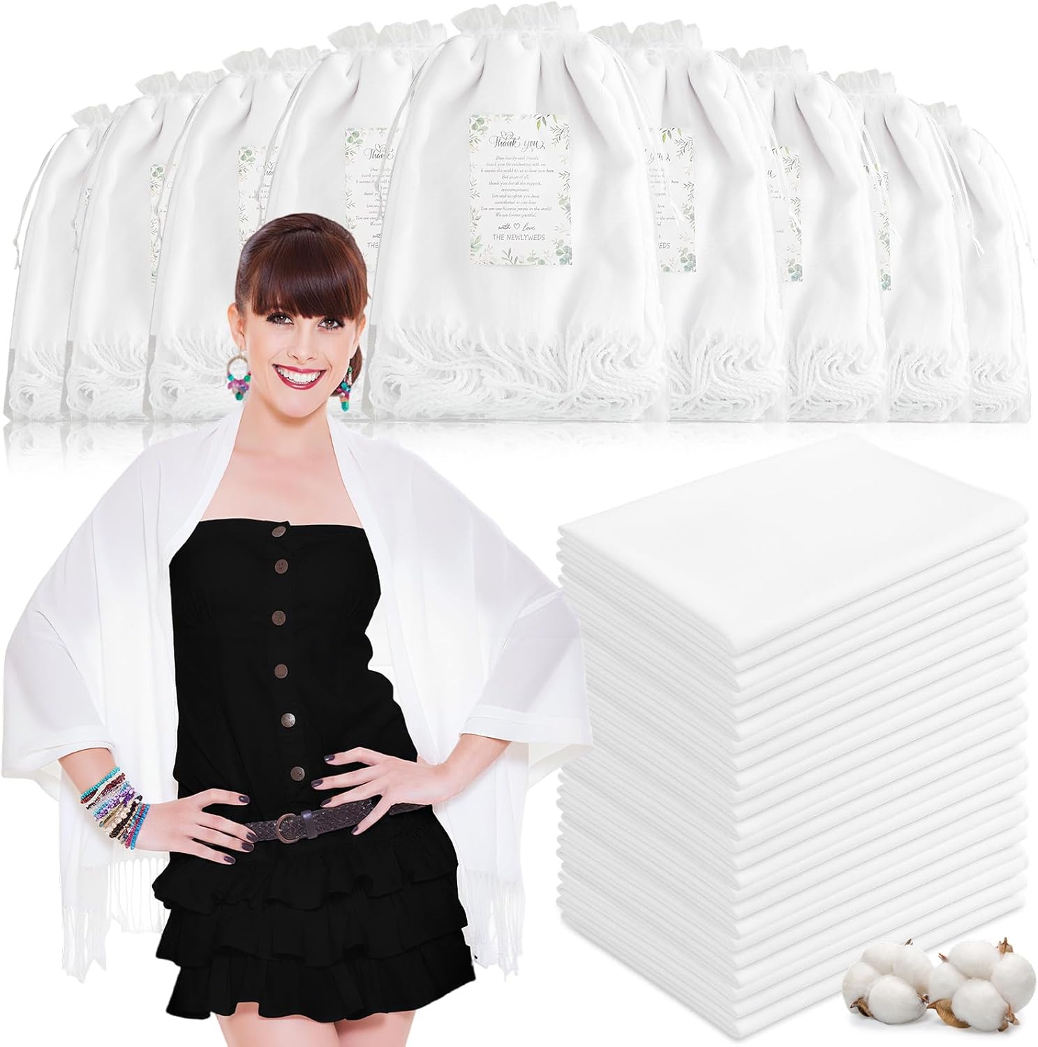 24 Sets Shawl and Wrap Bulk with Cards and White Organza Bag for Wedding Women Scarf Bridesmaid Shawls and Wraps Party Gift for Guest