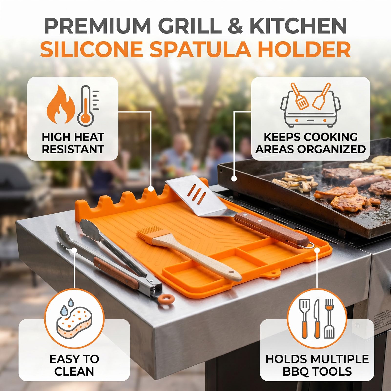 Tappetino Porta Spatola in Silicone, Resistente al Calore, Organizer per Barbecue, 40 X 30 Cm, Arancione