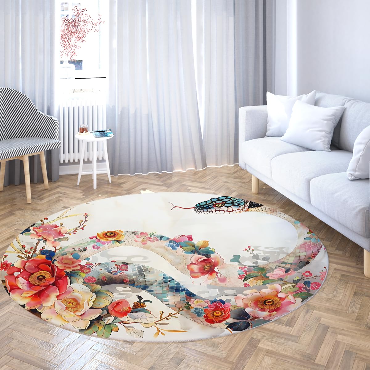 Tapis rond boho serpent et fleurs style aquarelle moderne de 200cm pour le bureau