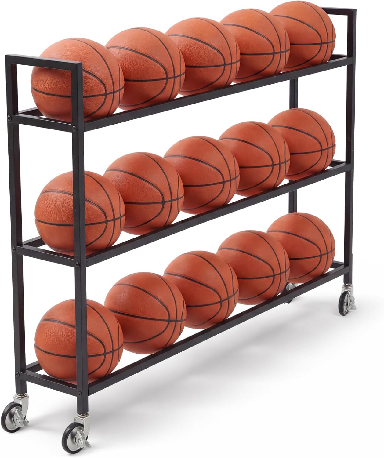 Heavy Duty Basketball Rack with Wheels, Multi-Tier Rolling Ball Storage Cart, Sports Equipment Organizer for School, Gym, Club Shoot Training
