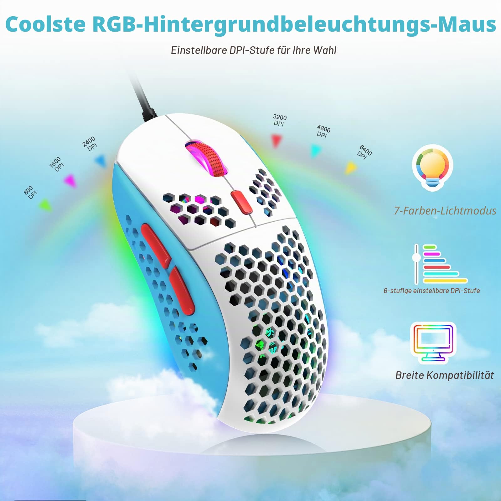 ZIYOU LANG Wired Gaming-Tastatur und Maus Combo mit Spiral USB-C Kabel T60 Pro - Kompakt 60% UK Layout(QWERTY) Mechanische Tastatur Linear Red Switch, 6400DPI Ultra-Light RGB Mäuse für PC/Mac - Blau