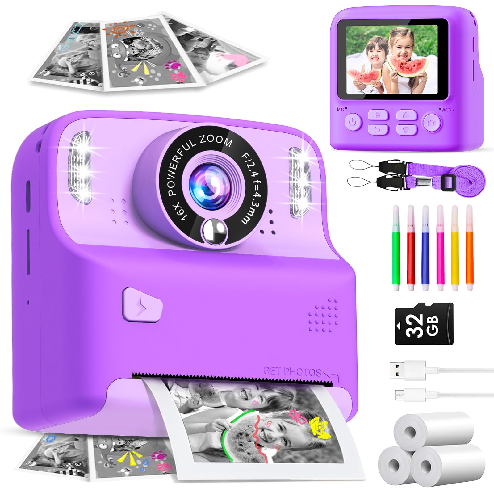 Cámara de impresión instantánea para niños, digital 1080P con tarjeta de 32 GB, portátil con cordón, para niñas y niños de 3 a 8 años