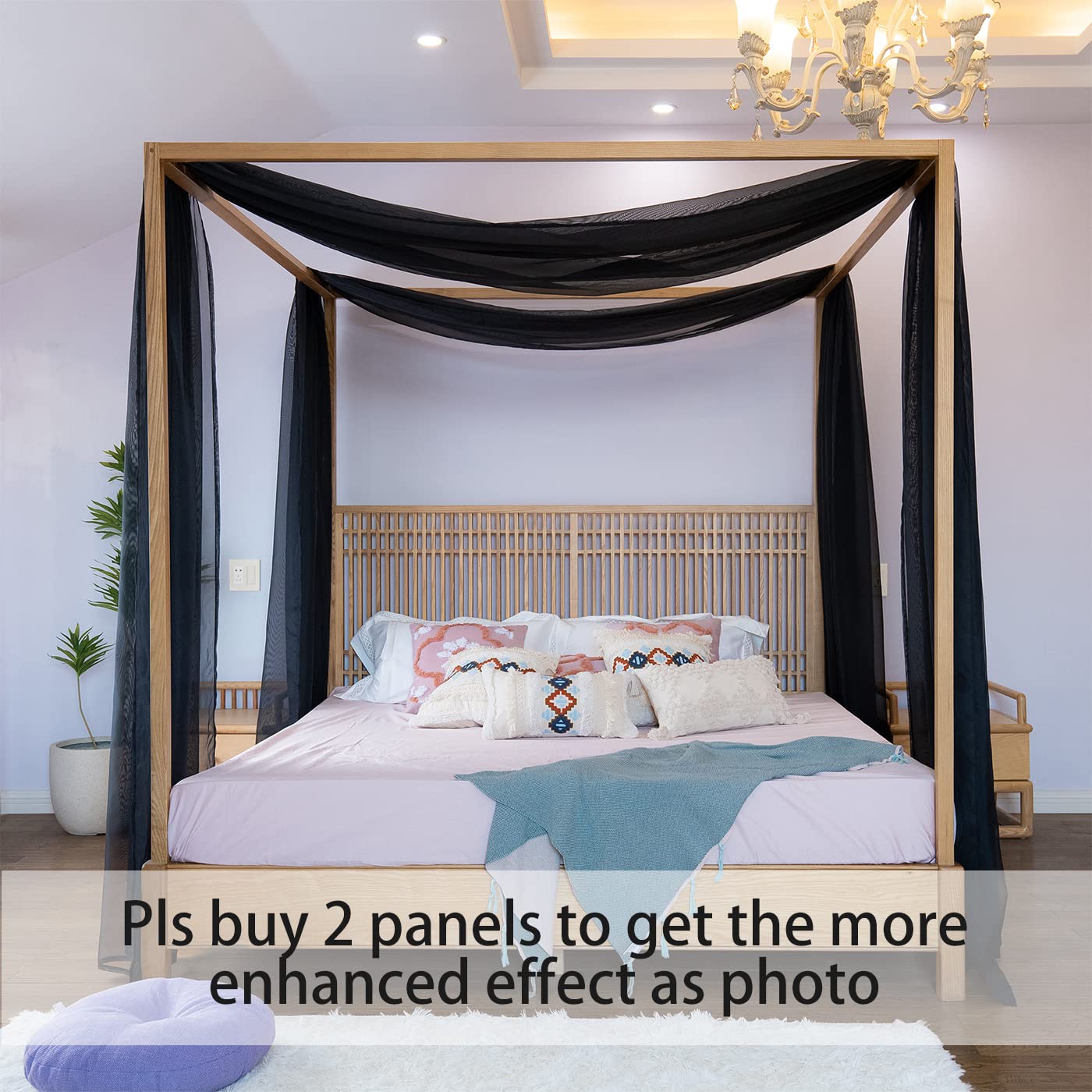Linentalks Black Canopy Bed Curtains for Queen & Full Size, Sheer Drapes for Four Post Bed 1 PC 52X228 Inches - Image 2