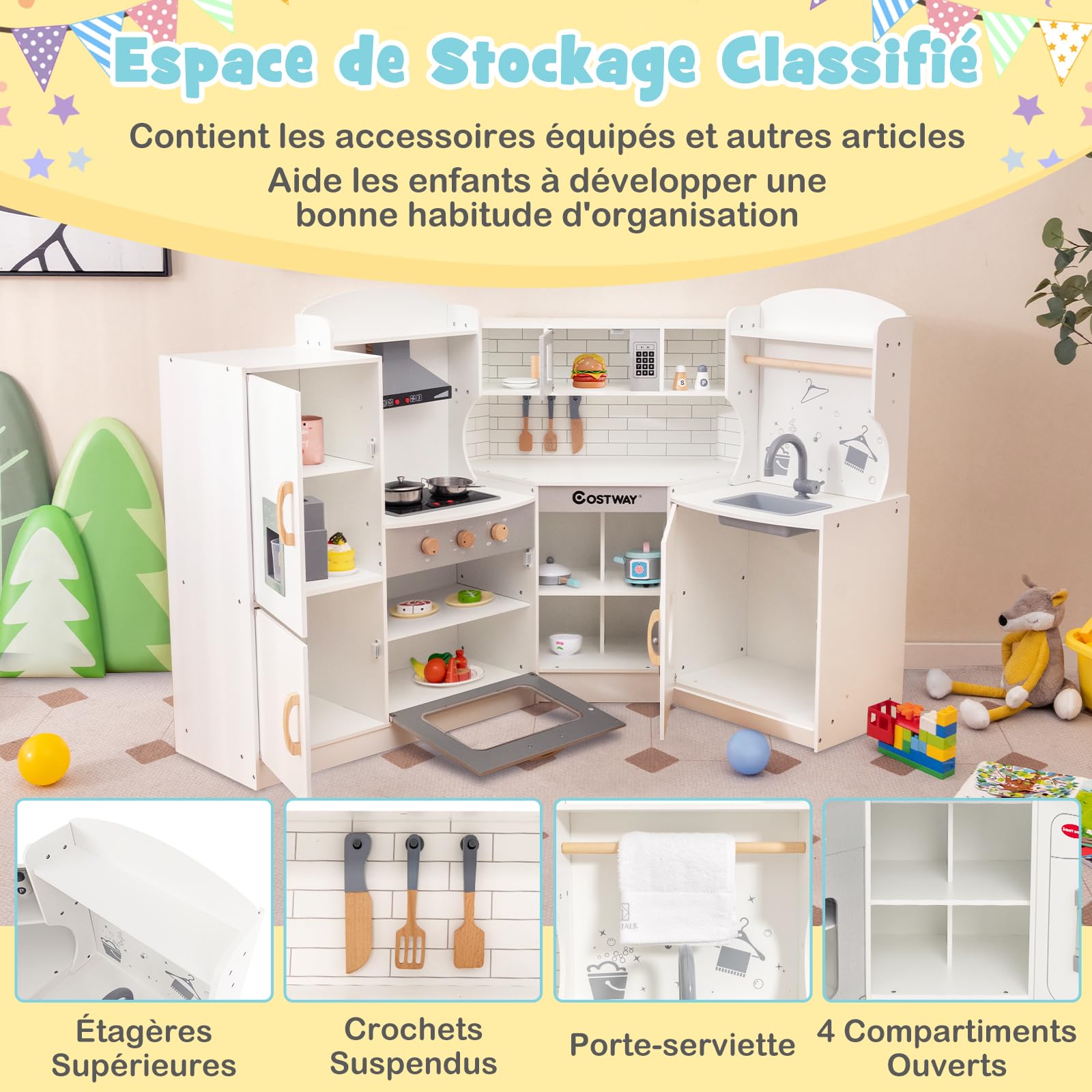 COSTWAY Cuisine Enfants en Bois avec Lumière & Effet Sonore, Jeu de Cuisine d'angle avec 14 Accessoires & Micro-Ondes, Espace de Stockage, Jouet d’Imitation pour 4 Enfants de 3-10 Ans (Blanc)
