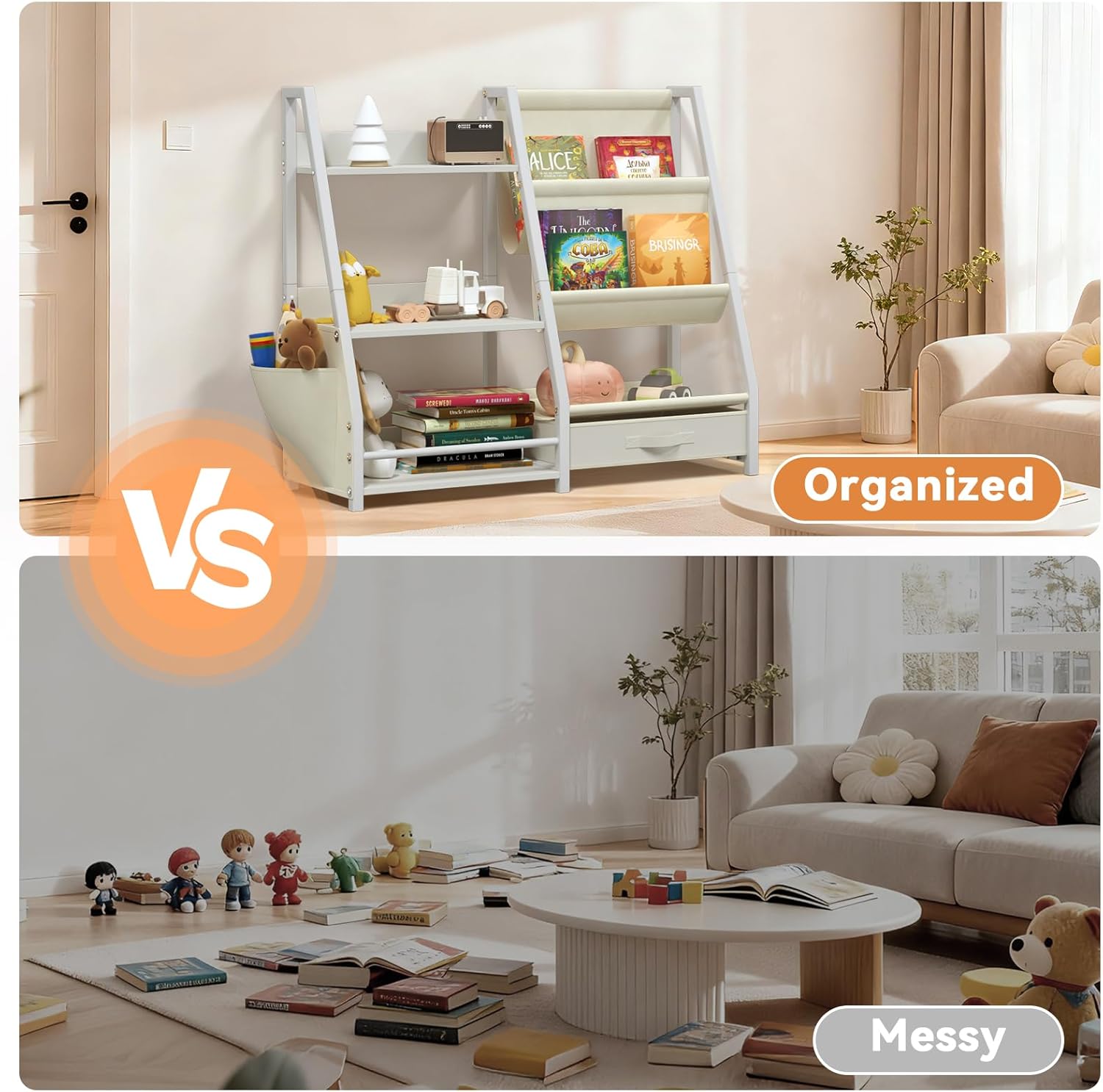 Montessori Kids Bookshelf, Wooden Baby Bookshelf with 3 Tier Toy Storage Shelf, Movable Drawer & Side Packet for Bedroom Playroom Nursery