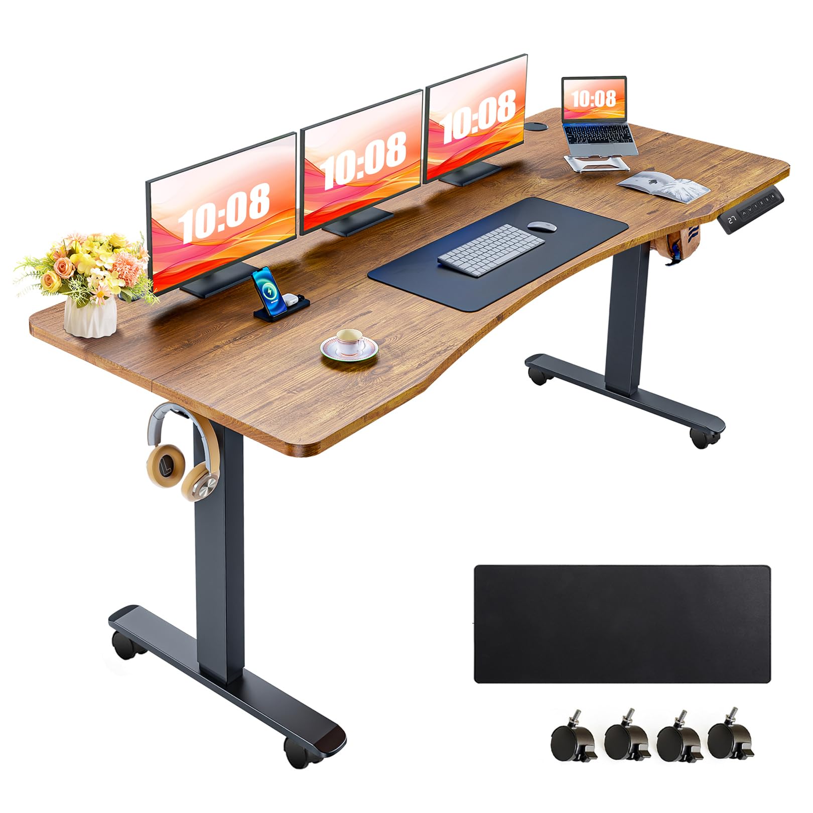 farexon Curved Electric Standing Desk Adjustable Height, 63x24 Inches Stand Up Desk with 4 Preset Heights, Lockable Casters, Double Hooks,27.5''-46.5'