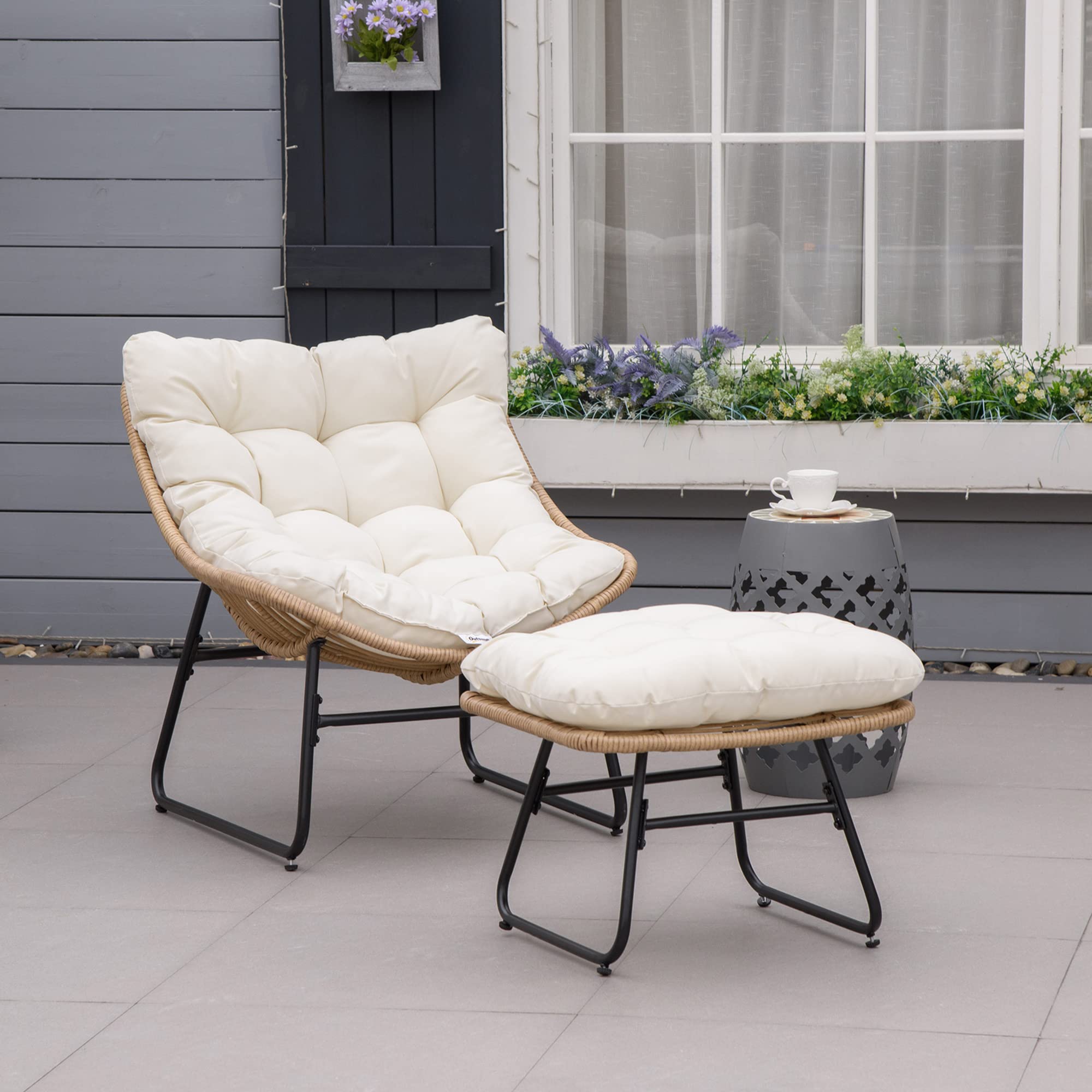 Outsunny Fauteuil Chaise de Jardin avec Coussins Moelleux Naturel