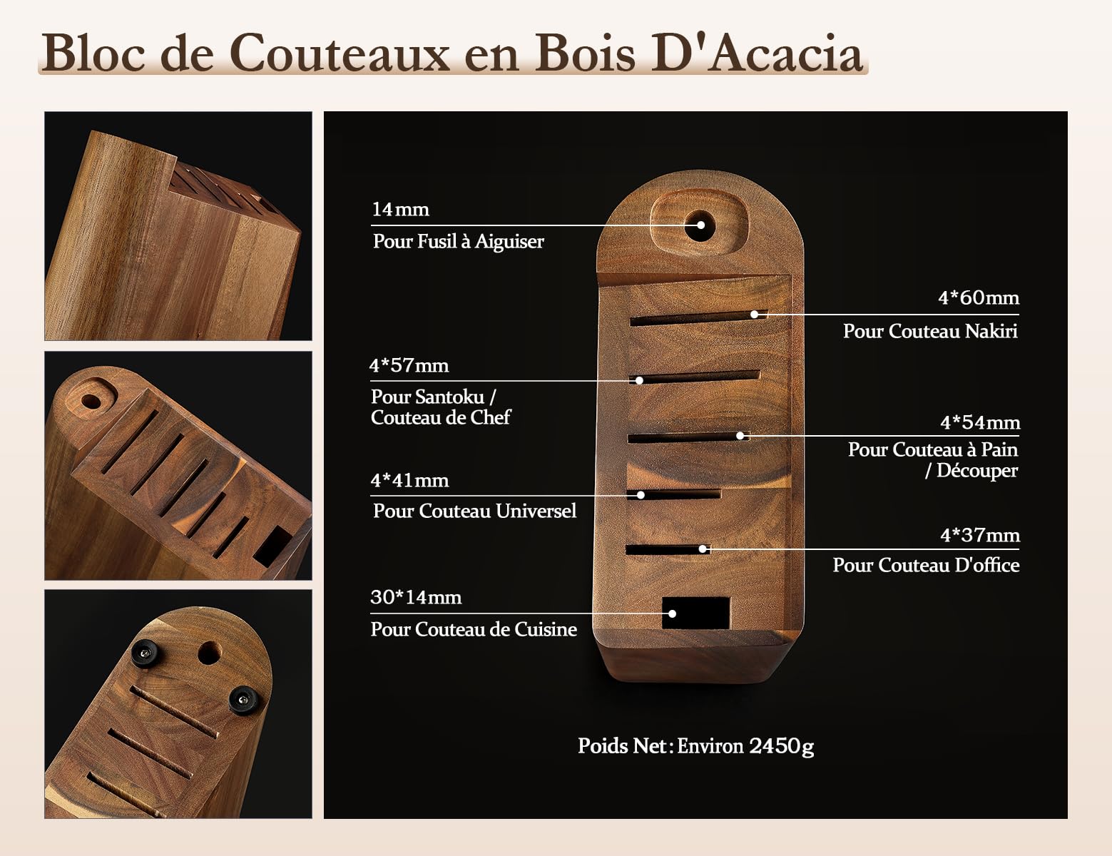 HEZHEN Blocs Couteaux Ensembles de Couteaux de Chef, Set de Couteaux de Cuisine avec Bloc de Couteaux en Bois D'Acacia, Ciseaux de Cuisine en Acier Inoxydable, Avec Fusil à Aiguiser