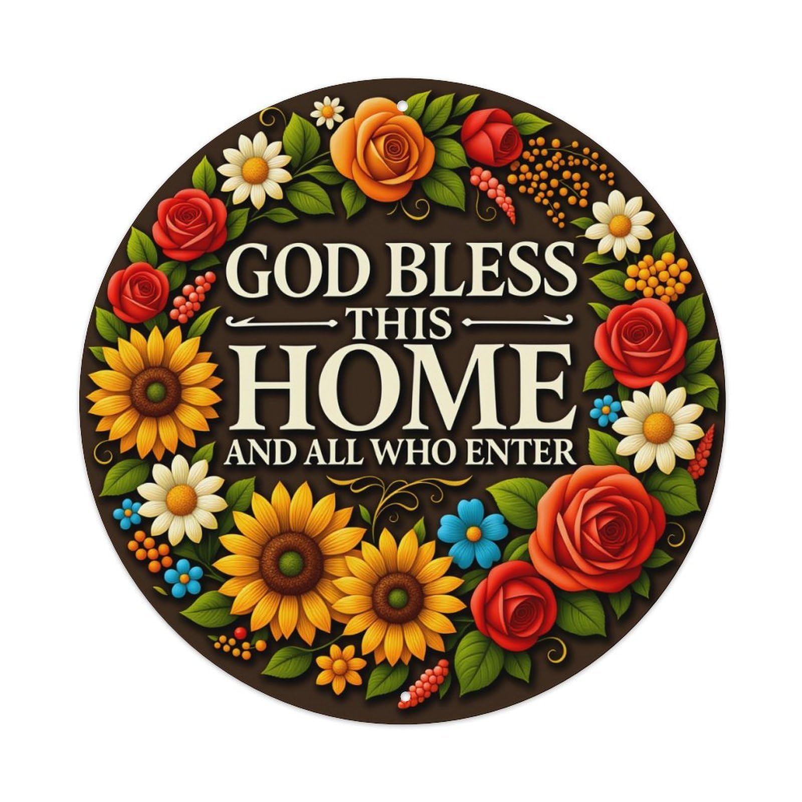 Floral Wreath With Roses Sunflowers And Daisies Round Vintage Tin Sign,Retro Wall Art,Metal Poster for Home, Bar, Garage, Cafe, Rustic Indoor & Outdoor Decor, 8x8 Inches