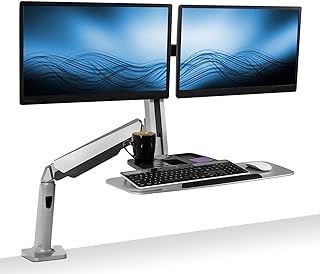 Mount-It! Height Adjustable Standing Desk Converter | Standing Desk Riser Converter | Adjustable Keyboard, Counterbalance Monitor Arm, & Cable Management | Heavy Duty | Silver | MI-7904