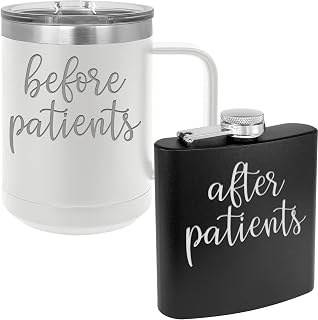 Before Patients, After Patients Stainless Steel 15 oz Coffee Mug, 6 oz Flask Set - Unique Gift Idea for Doctor, Physician, Nurse, Hygienist, Medical, Dental - Graduation Gifts