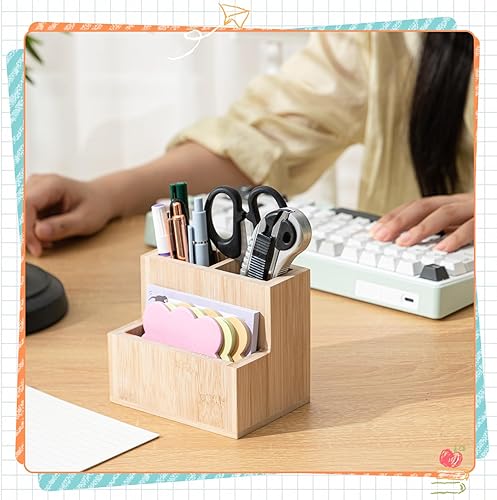 Miniatura 5 de Maitys Soporte para bolígrafo de madera de bambú para escritorio, organizador de control remoto con 3 compartimentos, accesorios de escritorio