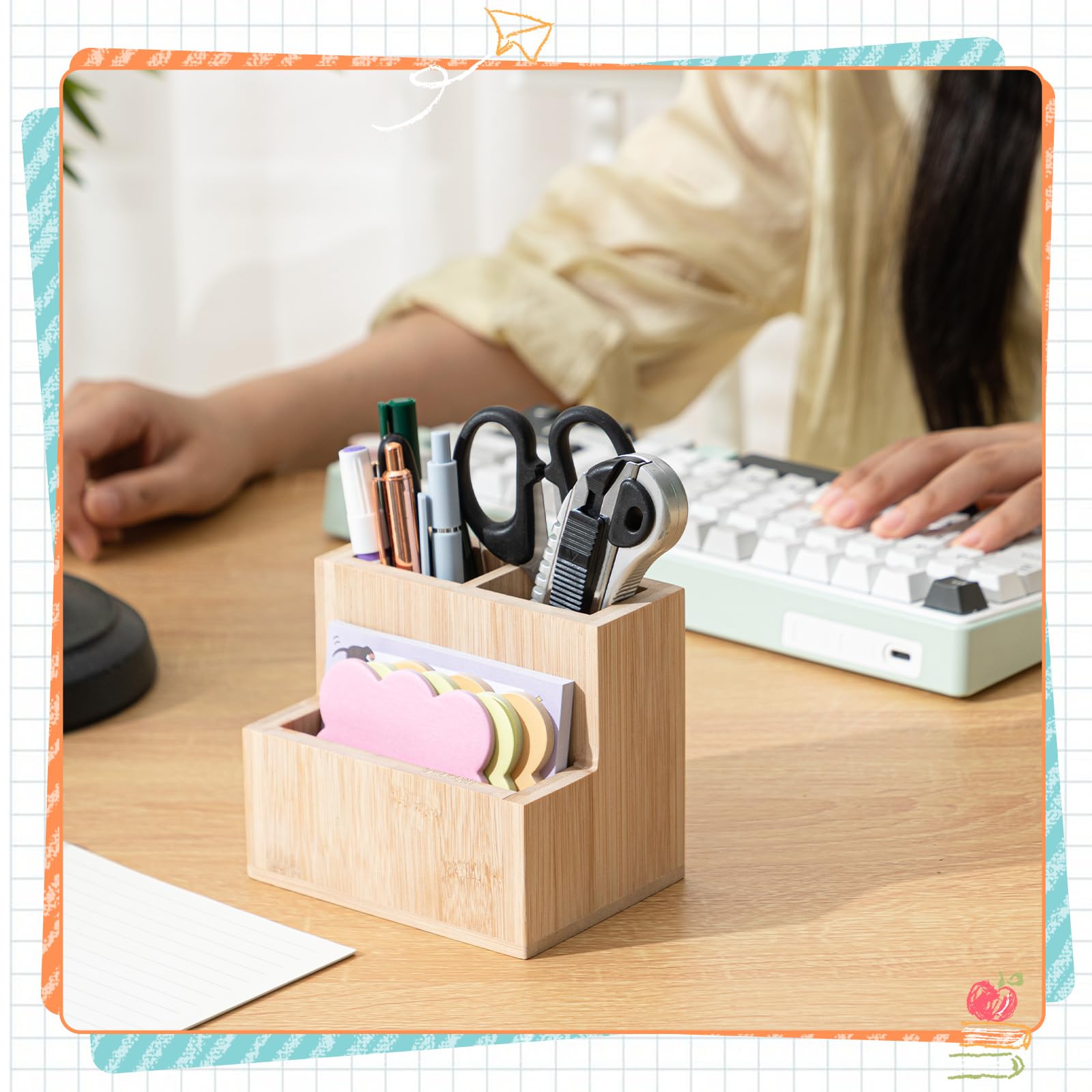 Maitys Bamboo Wood Pen Holder for Desk Wooden Pencil Remote Control Organizer with 3 Compartments Small Desk Accessories for Workspace Home Office Classroom Bathroom 4