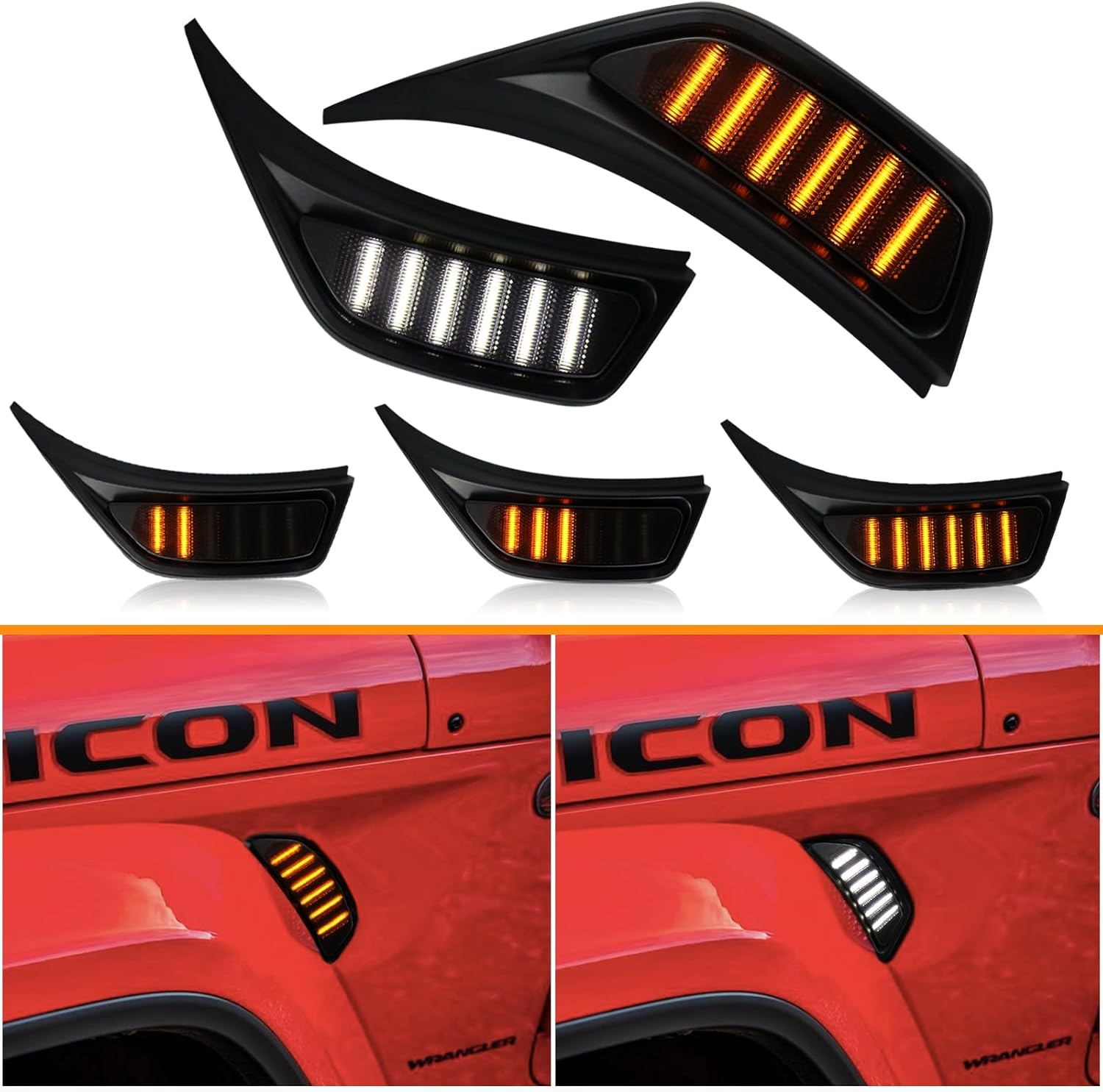 Smoked Lens Switchback White DRL Amber Sequential Turn Signal Lights Compatible with Jeep Wrangler JL JLU 2018-2023 Front Fender Vent Lamp Side Marker Indicator Lamps