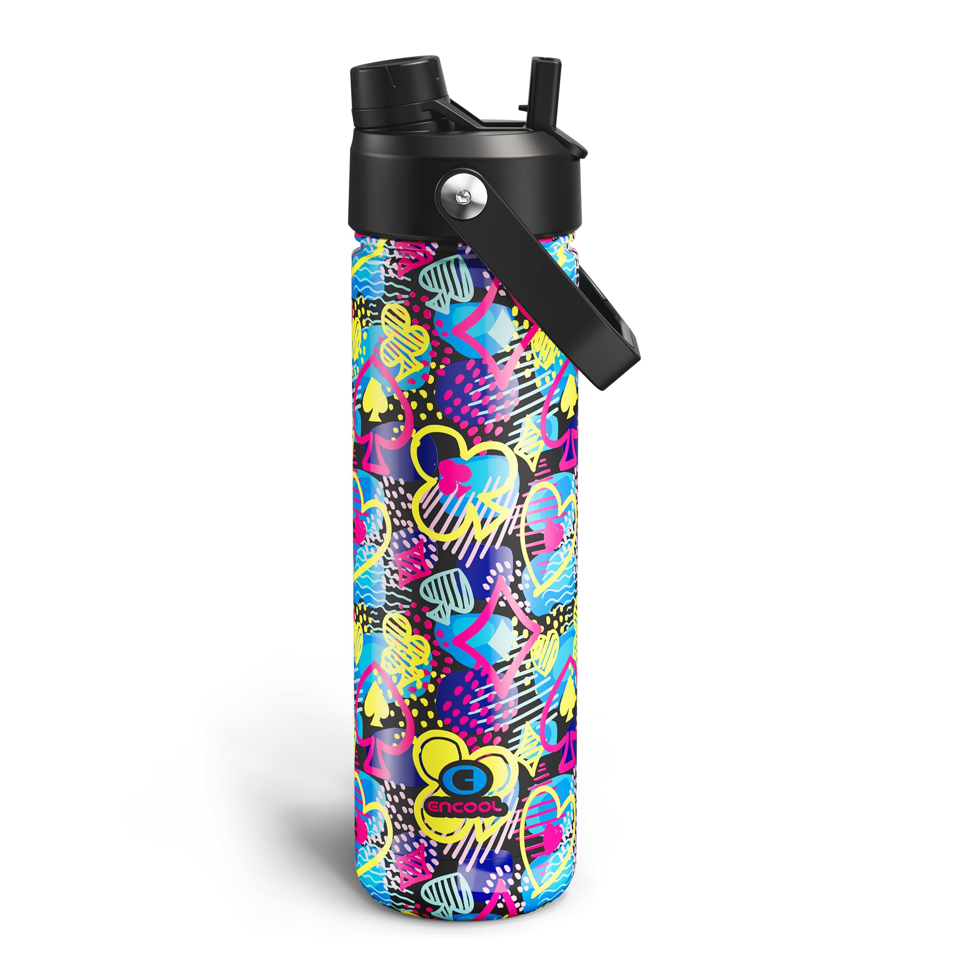 ENCOOL Insulated Water Bottle with Straw Stainless Steel Water Bottle, Leak-Proof, BPA-Free, Double Wall Vacuum Keeps Cold for 24 Hours for Sports, Travel, School (26 oz, Playing Suits)