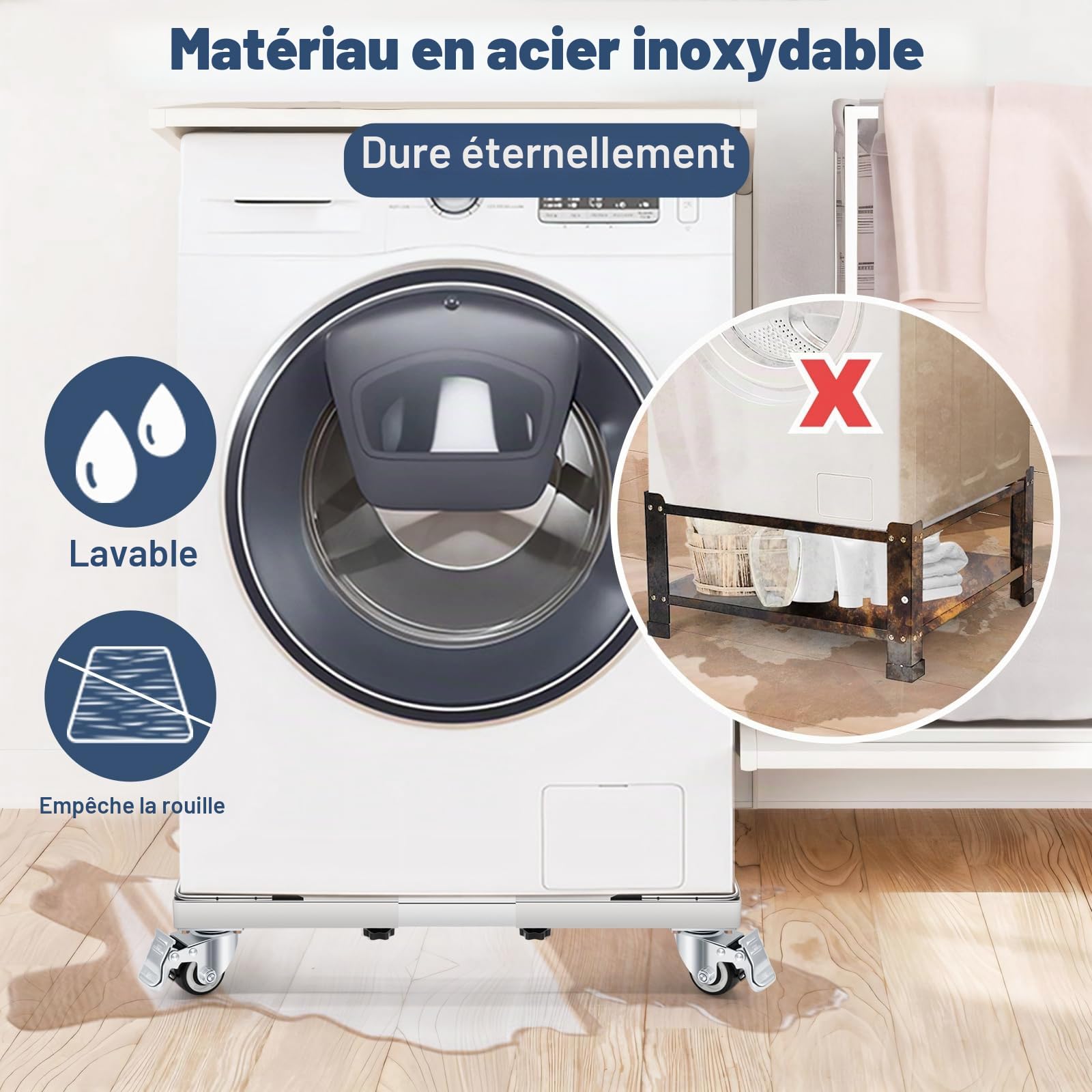 W B D WEIBIDA Support Lourd pour Machine à Laver en Acier Inoxydable avec 4 Roues Verrouillables, Capacité 300KG Socle Lave Linge Résistante à la Rouille Réglable de 54-72CM, Support pour Sèche-Linge