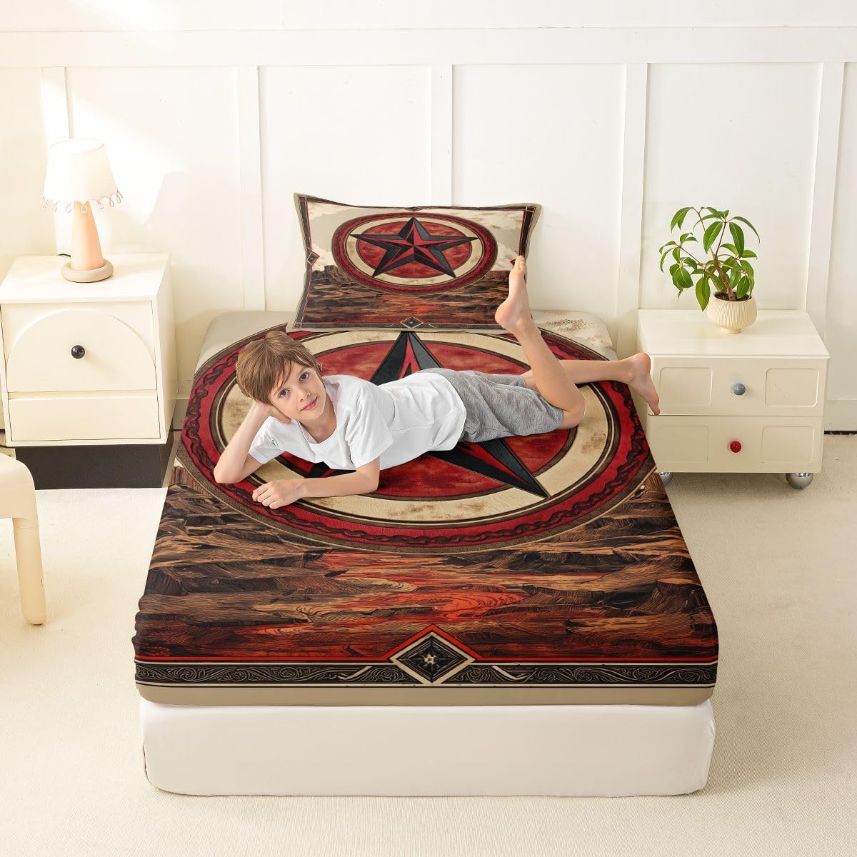 jejeloiu Western Texas Star Bed Sheets Set Twin Size Texas Star Bed Set for Kids Boys Girls Western Deep Pocket Fitted Sheet Rustic Farmhouse West Breathable Soft Lightweight Microfiber