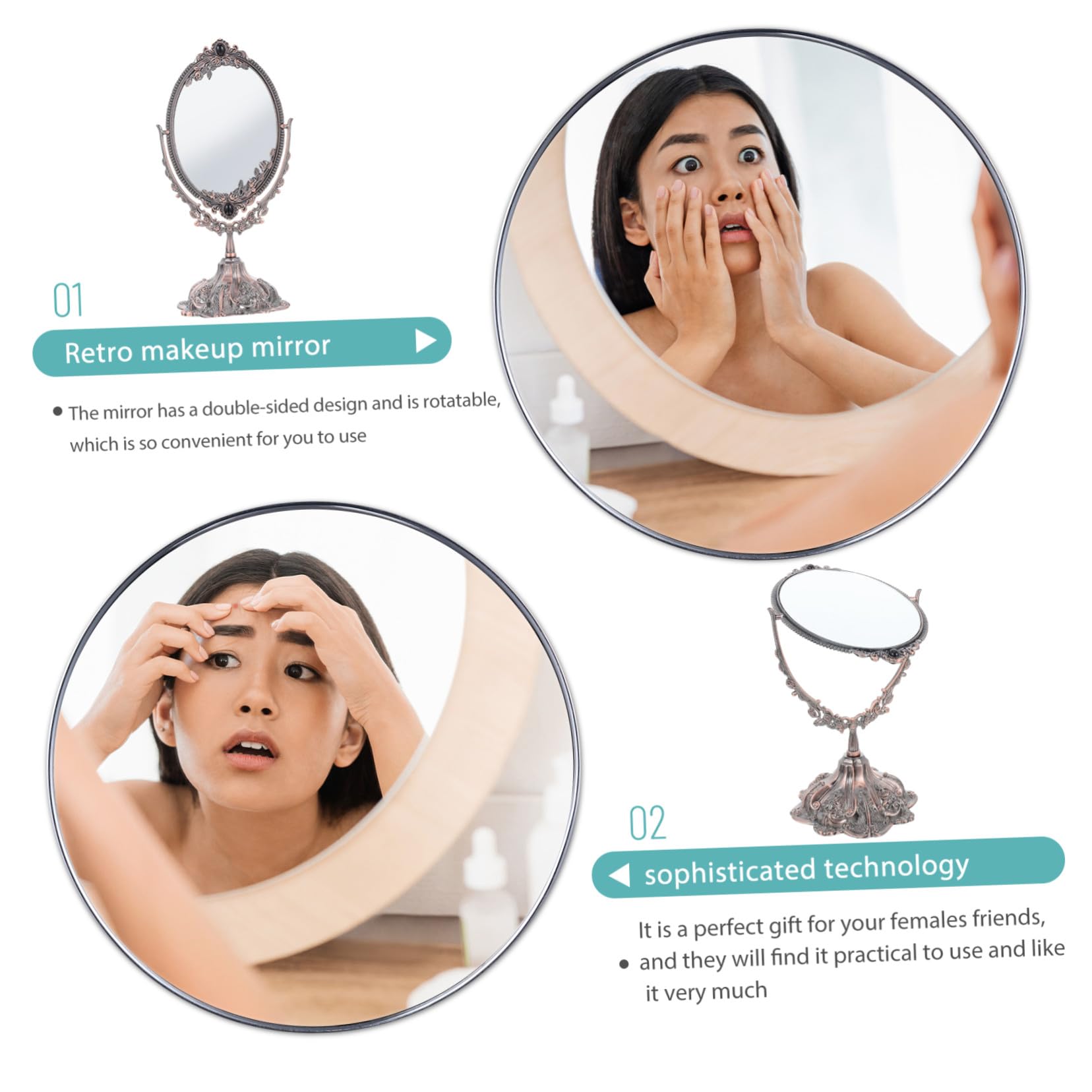 minkissy Doppelseitiger Tischspiegel aus Zinklegierung im Europäischen Stil | Drehbar mit Flachem Standfuß, Hochauflösende Sicht, Geeignet für Make Up und Hochzeit