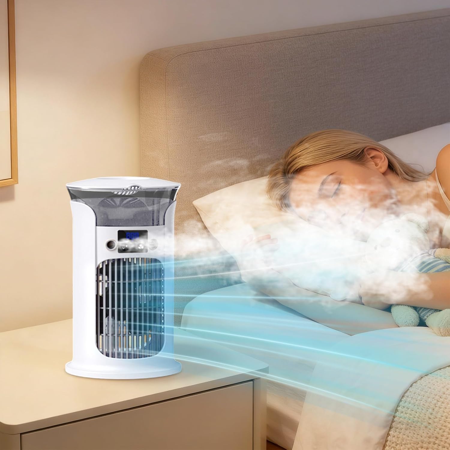 Personal Portable Spray Cooler,Mini Portable Air Conditioner,Evaporative Cooler,USB Charging,Equipped with 7-Color LED Lights,Three Fan Speeds,Suitable for Desk,Coffee Table (White)