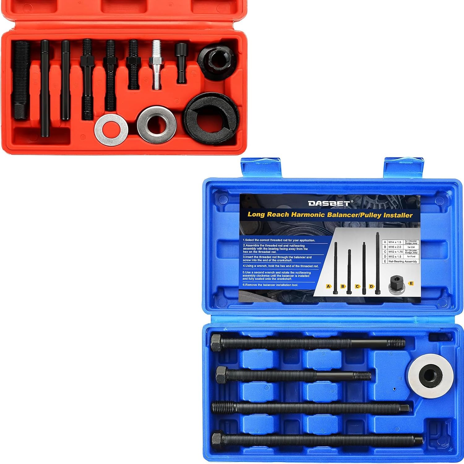 DASBET 5PCS Long Reach Crank Pulley Underdrive Pulley Damper Installation Tool Kit & Power Steering Pulley Puller Installer Kit