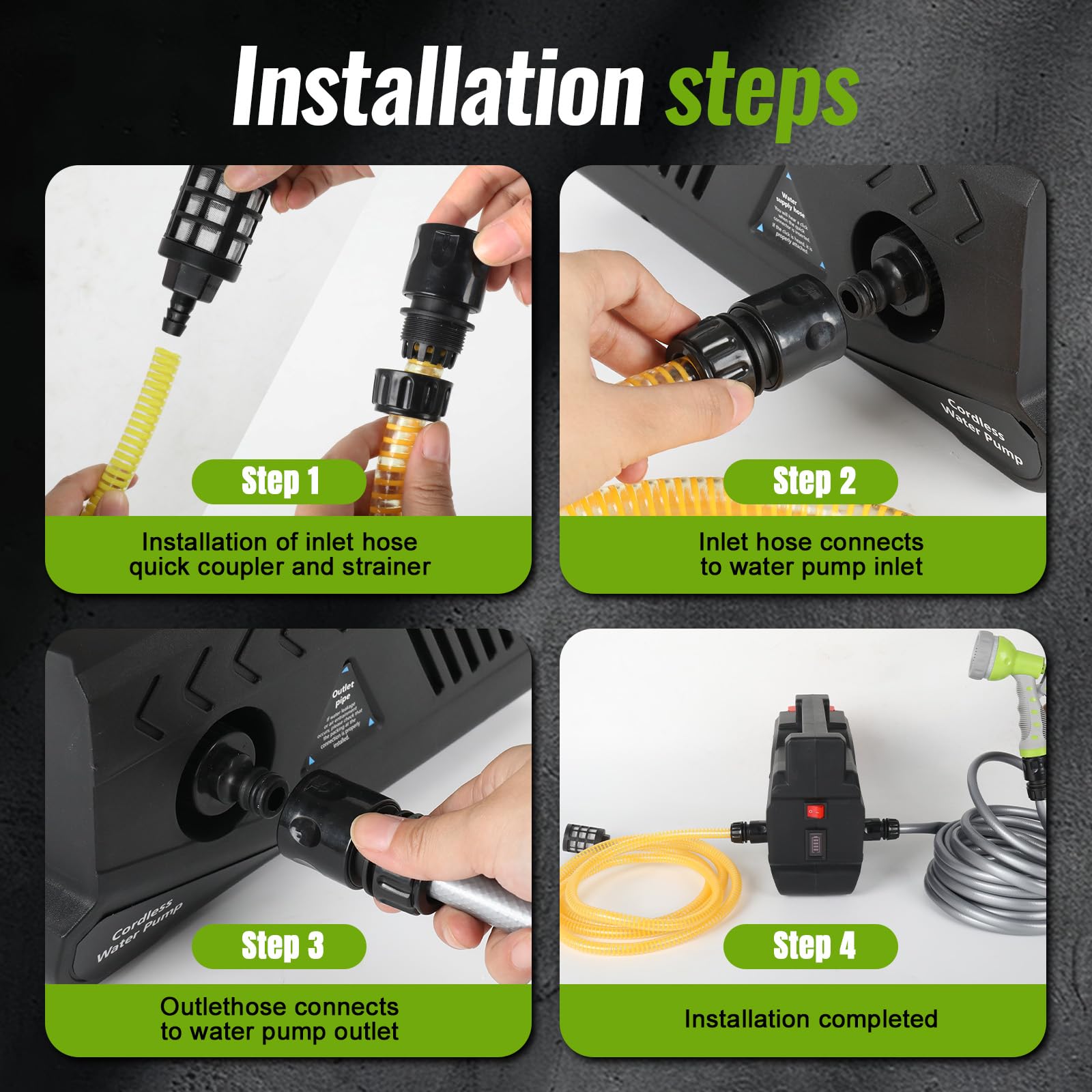Roadtime Pompa dell'acqua per batteria Makita da 18 V (senza batteria), pompa da giardino senza fili, pompa autoadescante portatile, pompa di irrigazione da 150 W con tubo di uscita dell'acqua da 10 m
