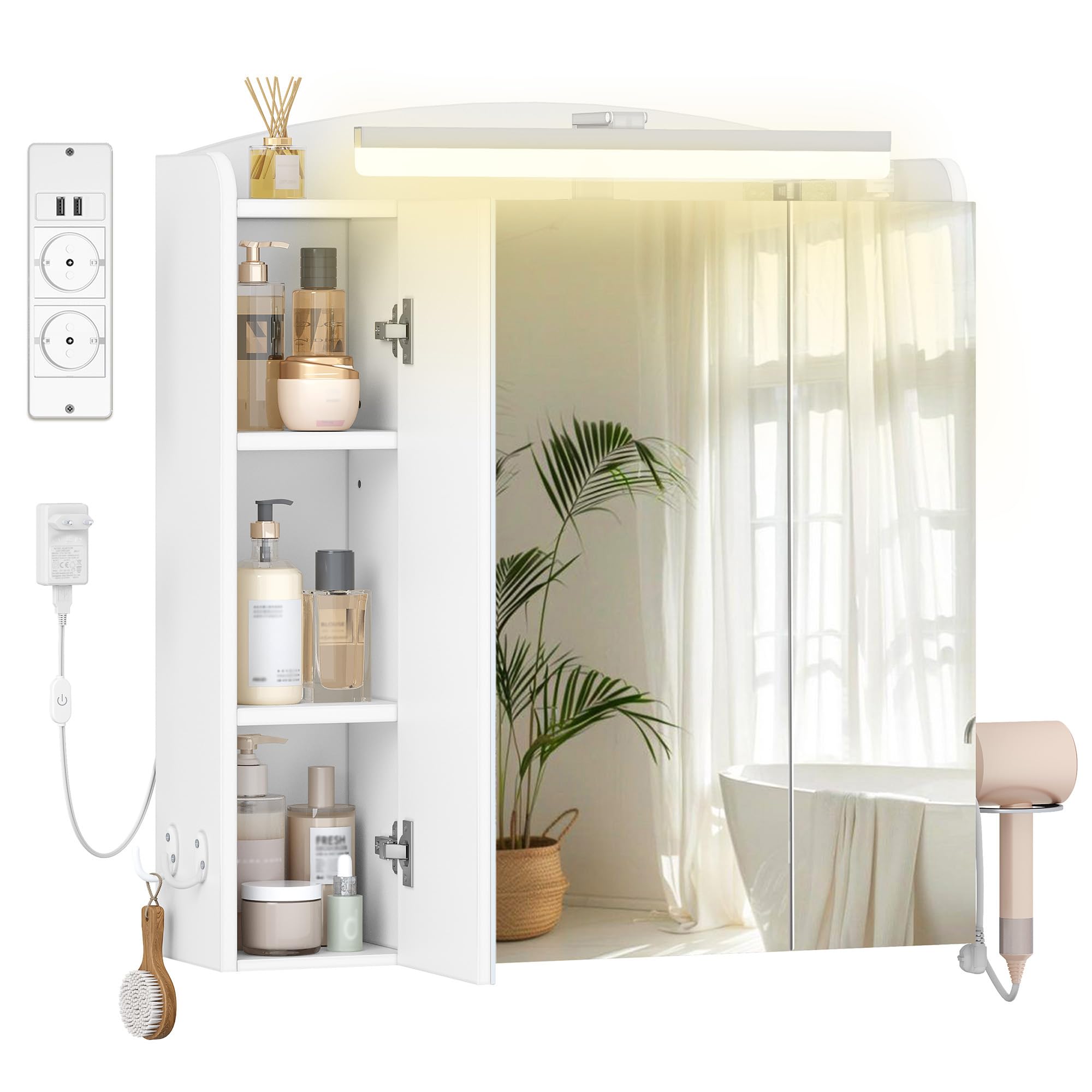 Hzuaneri Specchio Bagno Contenitore, Mobiletto a Specchio con LED e Presa Multipla 2AC+2USB, Porta Asciugacapelli e Ganci, Interruttore e Spina, Ripiani Regolabili, 16,5x70x75cm, Bianco MC00603XEU