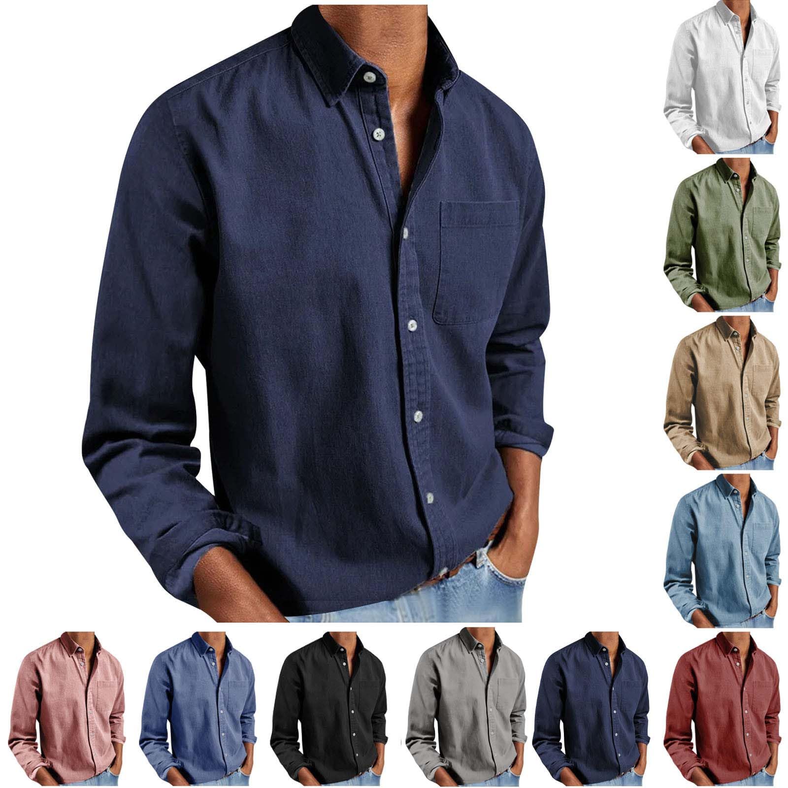 Men Button Down Shirts Long Sleeve Casual Solid Color Tops Slim Fit Lightweight Dress Shirts for Work Office