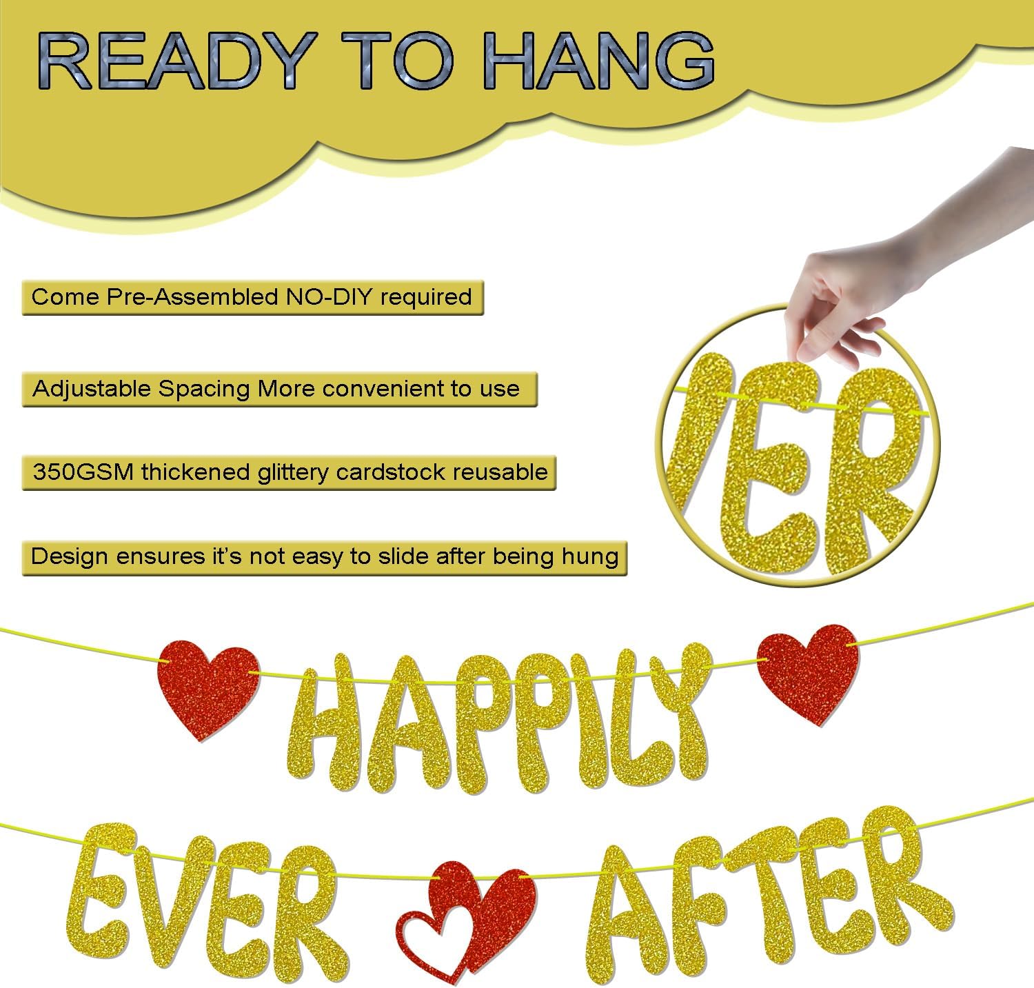 Happily Ever After Glitter Banner, NO-DIY,Bachelorette Wedding Party Banner Bridal Shower Banner Gold, Wedding Engagement Party Supplies image 3