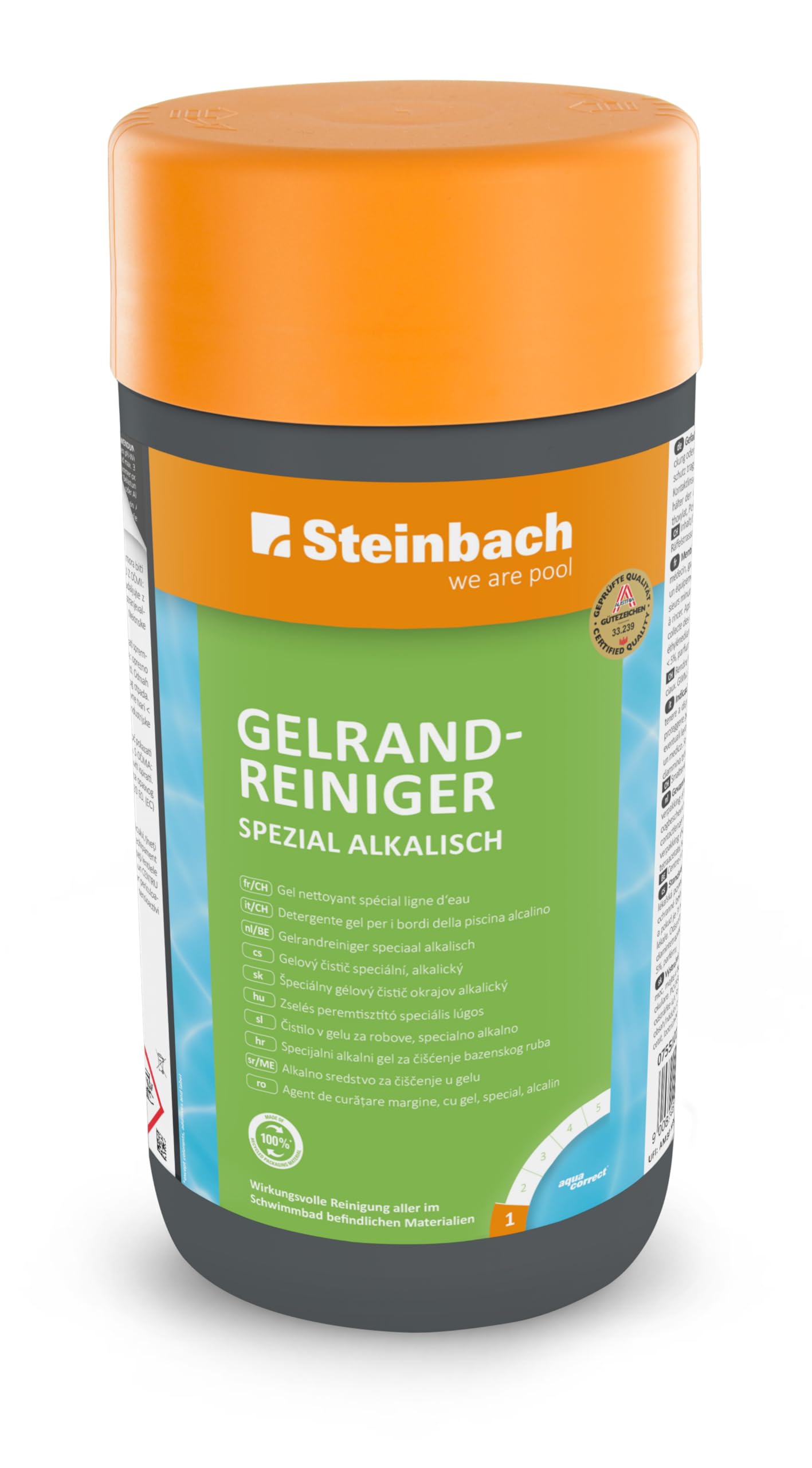 Steinbach Poolpflege Gelrandreiniger Spezial - 0755101TV00-1 l - Alkalischer Reiniger gegen Schmutz-, Fett- & Rußränder - Dickflüssige Form - Für Pools innen & außen – Zur Frühjahrsgrundreinigung