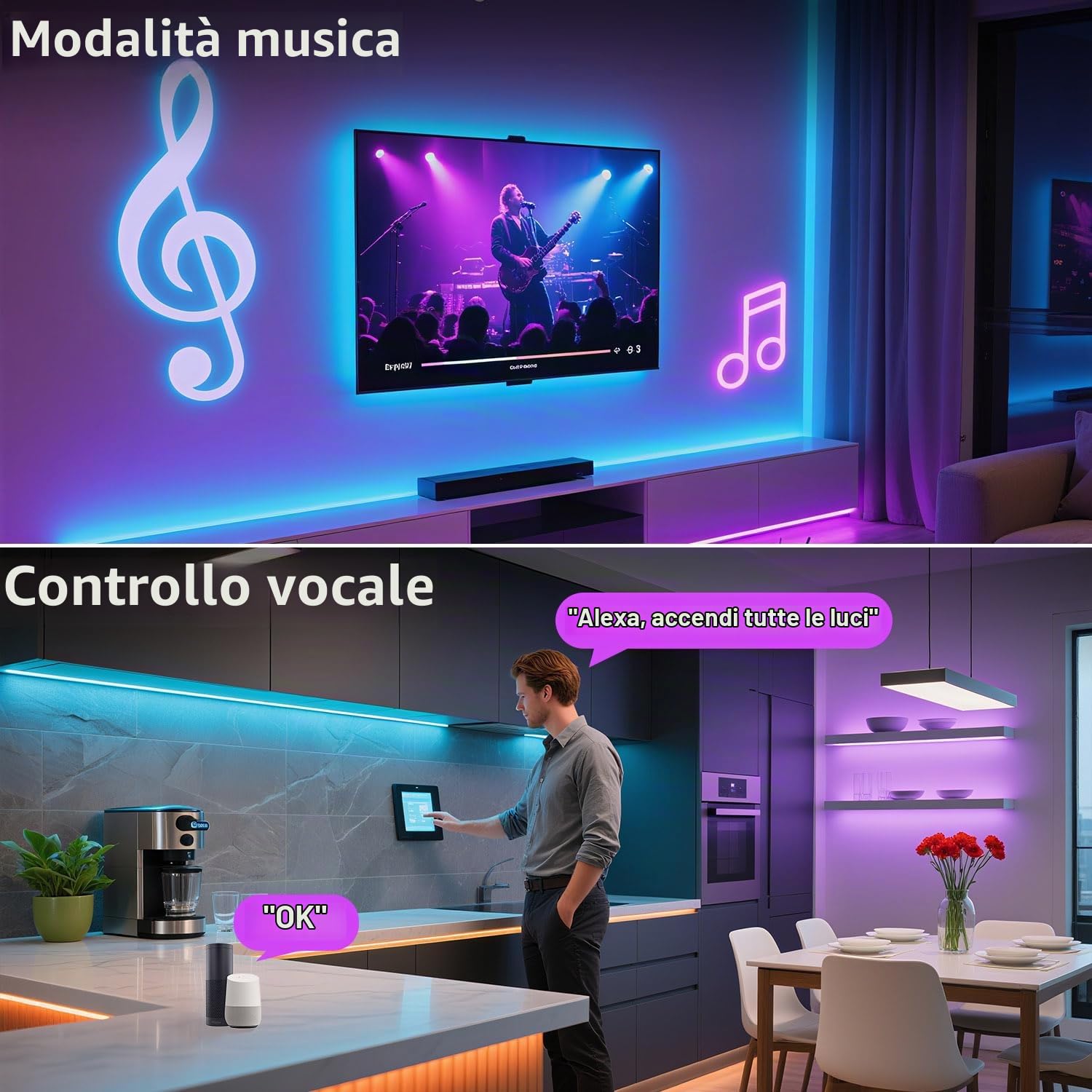 Striscia LED COB 24V 10M RGBW dimmerabile con telecomando e alimentatore Striscia LED COB RGB+bianco caldo 3000K, alta densità 784LED/M, controllabile tramite app, compatibile con Alexa Google Home