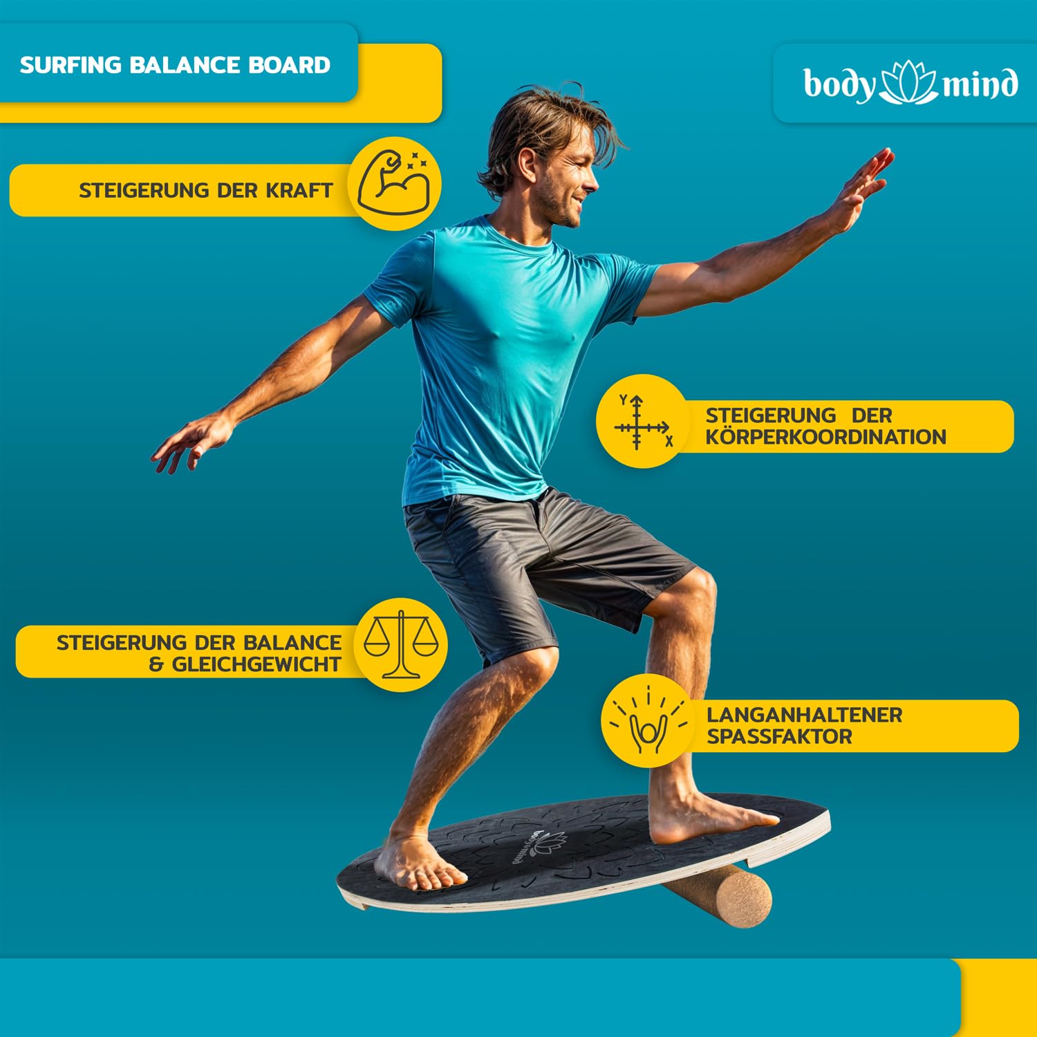 Balance-Board Surfbrett Surf Balance Wackelbrett für Physiotherapie Surf-Training; Trainiert Gleichgewicht & Koordination mit gratis E-BOOK (Dark Ocean)