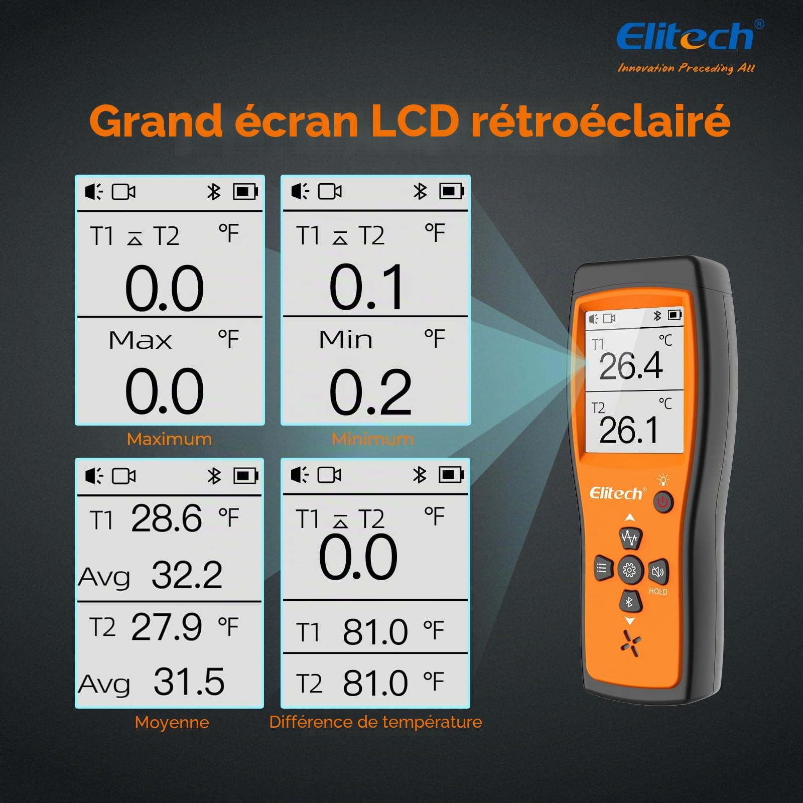 Elitech Thermomètre Thermocouple de Type K Double Canaux avec APP pour CVC Réfrigération Maintenance Automobile et Pompe à Chaleur -50 à 500℃ ICT-220