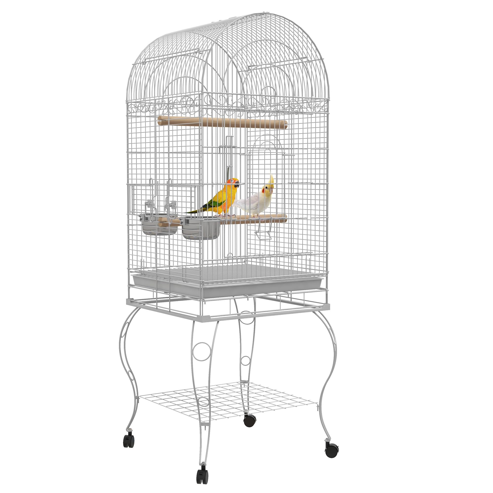 PawHut Jaula de Pájaros con Ruedas Jaula de Aves Exterior con Bandeja Extraíble Rejilla 2 Cuencos de Acero Inoxidable Estante y Percha para Periquitos 51x51x153 cm Blanco