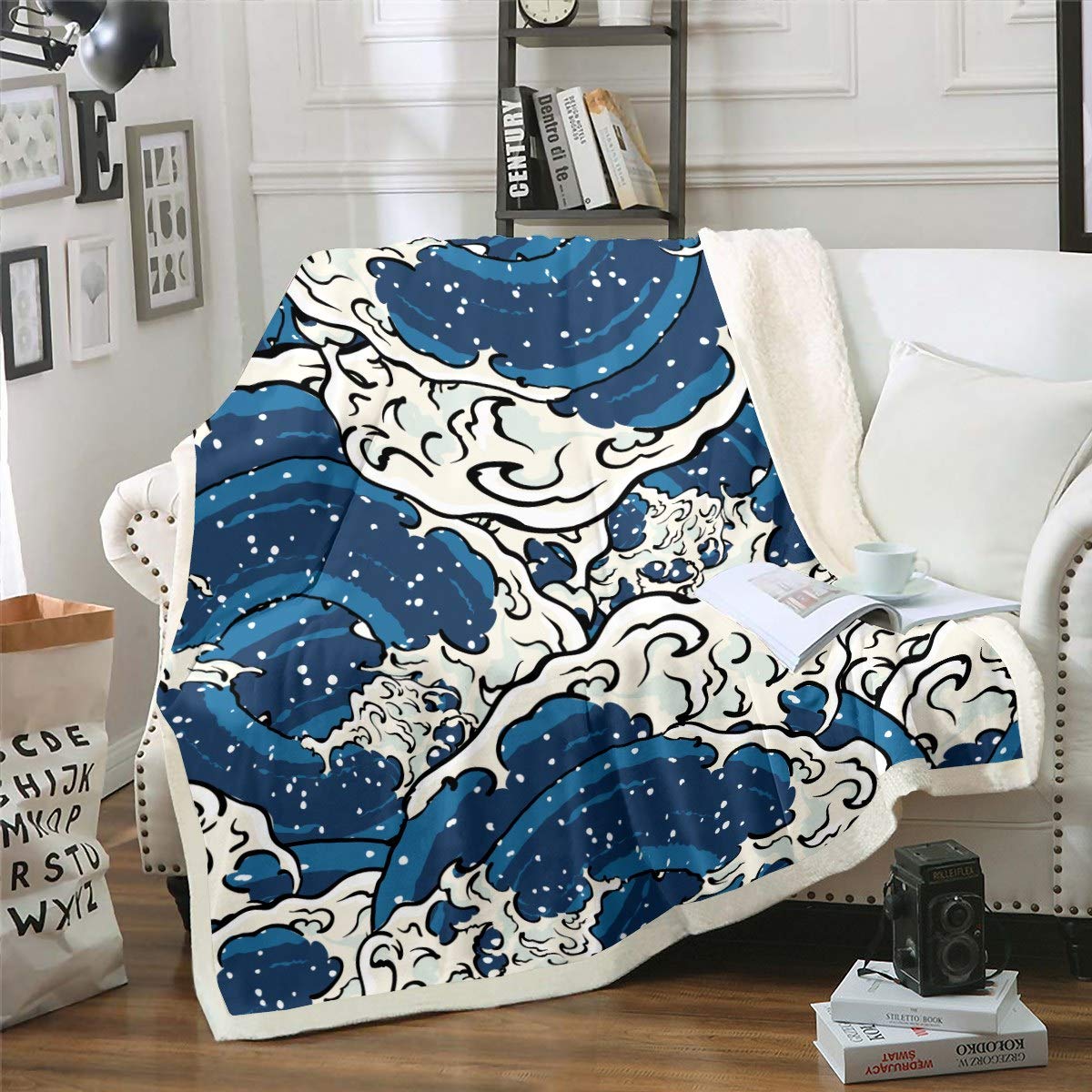 Loussiesd Wave Pattern Japanese-Style Fleece Throw Blanket Blue Wave for Sofa Bed Couch Geometric Art Decor Flannel Blanket Ultra Soft Double 60"x79" Fuzzy Blanket