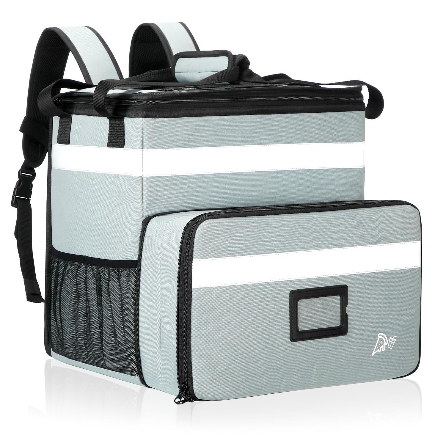 Zaino isolato per la consegna di alimenti, borsa per pizza espandibile, impermeabile, in PVC, borsa termica per consegna Uber Eats Deliveroo, zaino riflettente per bicicletta, grigio blu