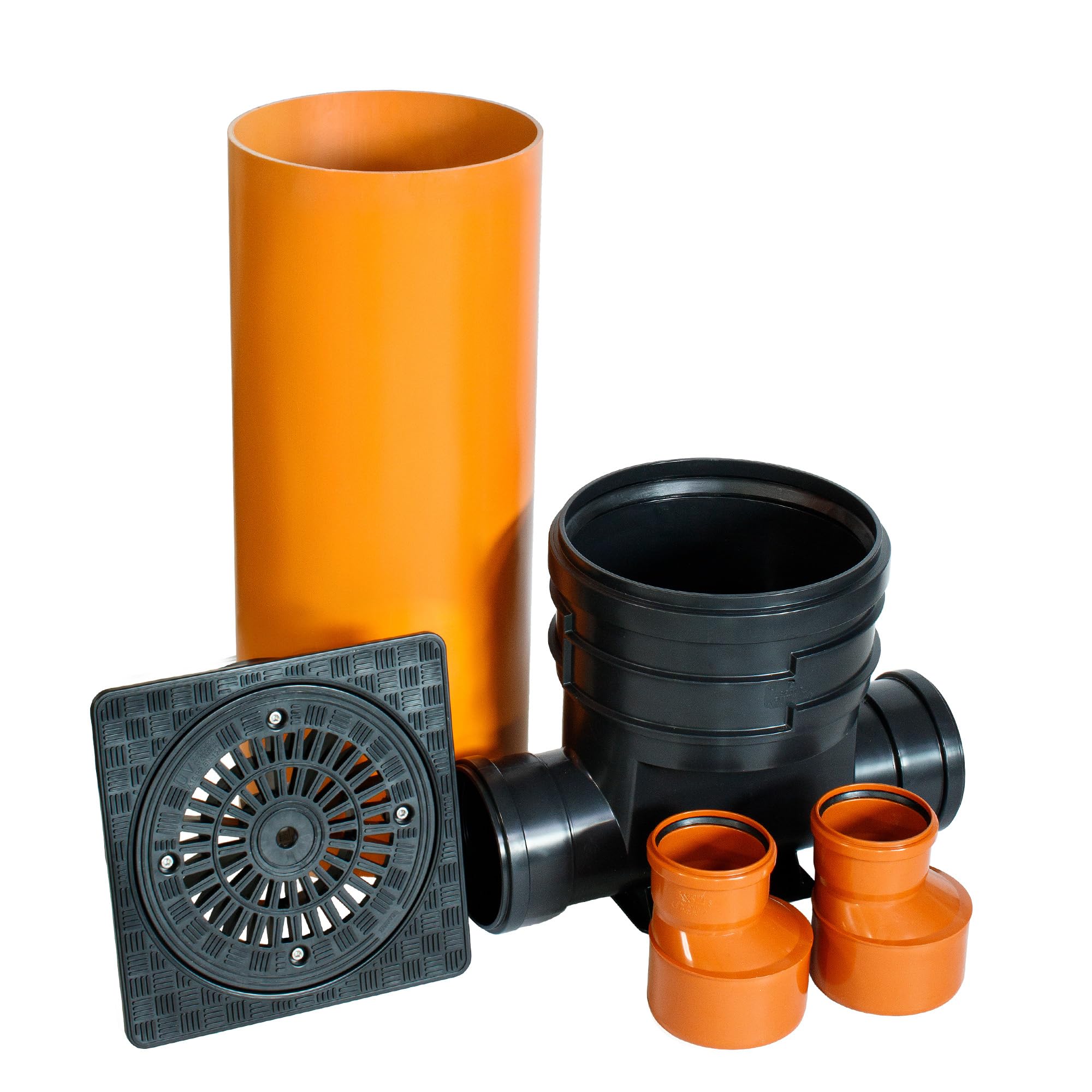 Schachtsystem Set - Kontrollschacht DN 315 - PVC Kunststoffrohr - Schachtböden gerade, 0,5 m Rohr, Deckel Viereckig Regen - Höhe 78, Breite 76,5cm - 2x DN 110-2 x Reduzierung 160/110
