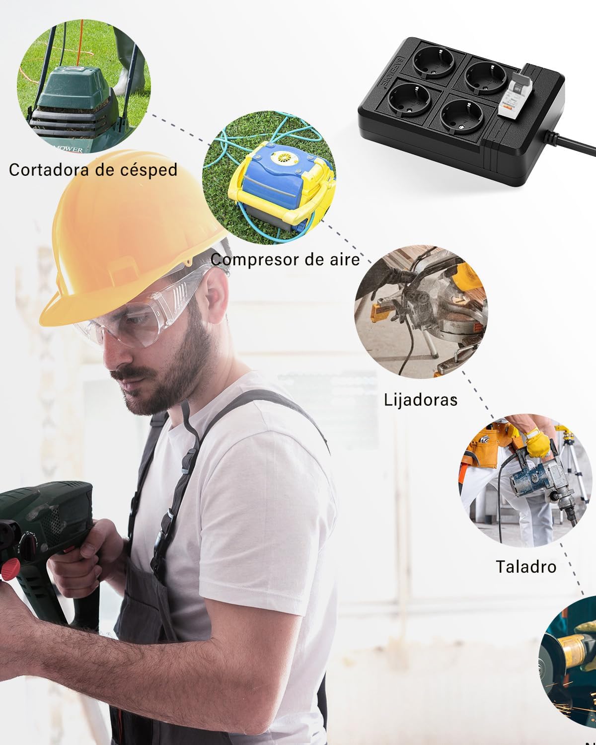Regleta con 4 Enchufes 16A 4000W, Cable de 3m,Negro