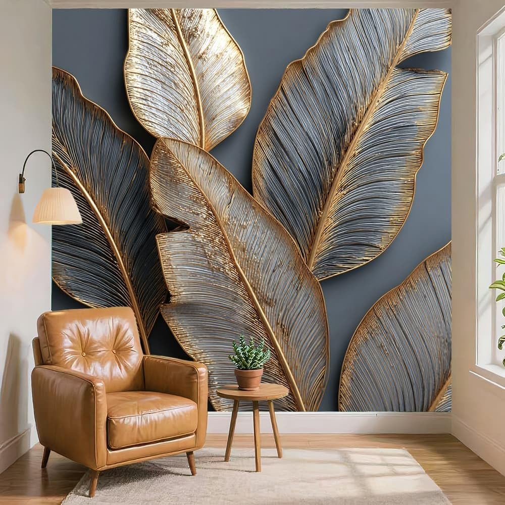 Tapeta z tłoczonymi roślinami 3D, tapeta na fizelinie, panoramiczny, dekoracja ścienna, 400 x 280 cm, złota, tapeta ścienna, pyłoszczelna i łatwa w pielęgnacji, do salonu, pokoju dziecięcego, sypialni