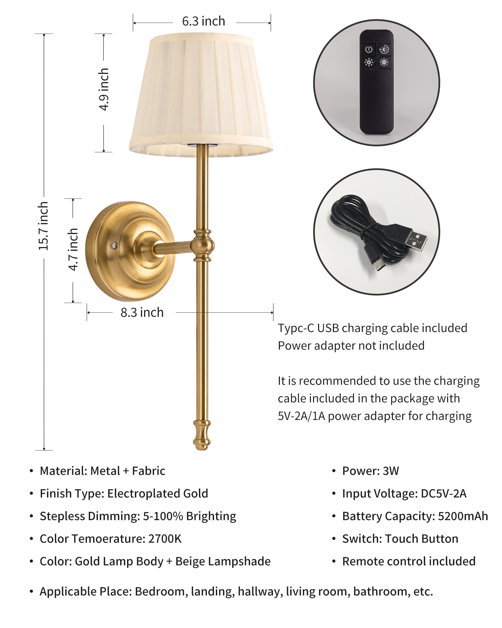 Applique da Parete Ricaricabile 2 Pezzi, Lampada da Parete a LED in Tessuto cCon Batteria Ricaricabile, Illuminazione Dimmerabile Con 5200 mAh E Telecomando Wireless Per Interno (Oro)