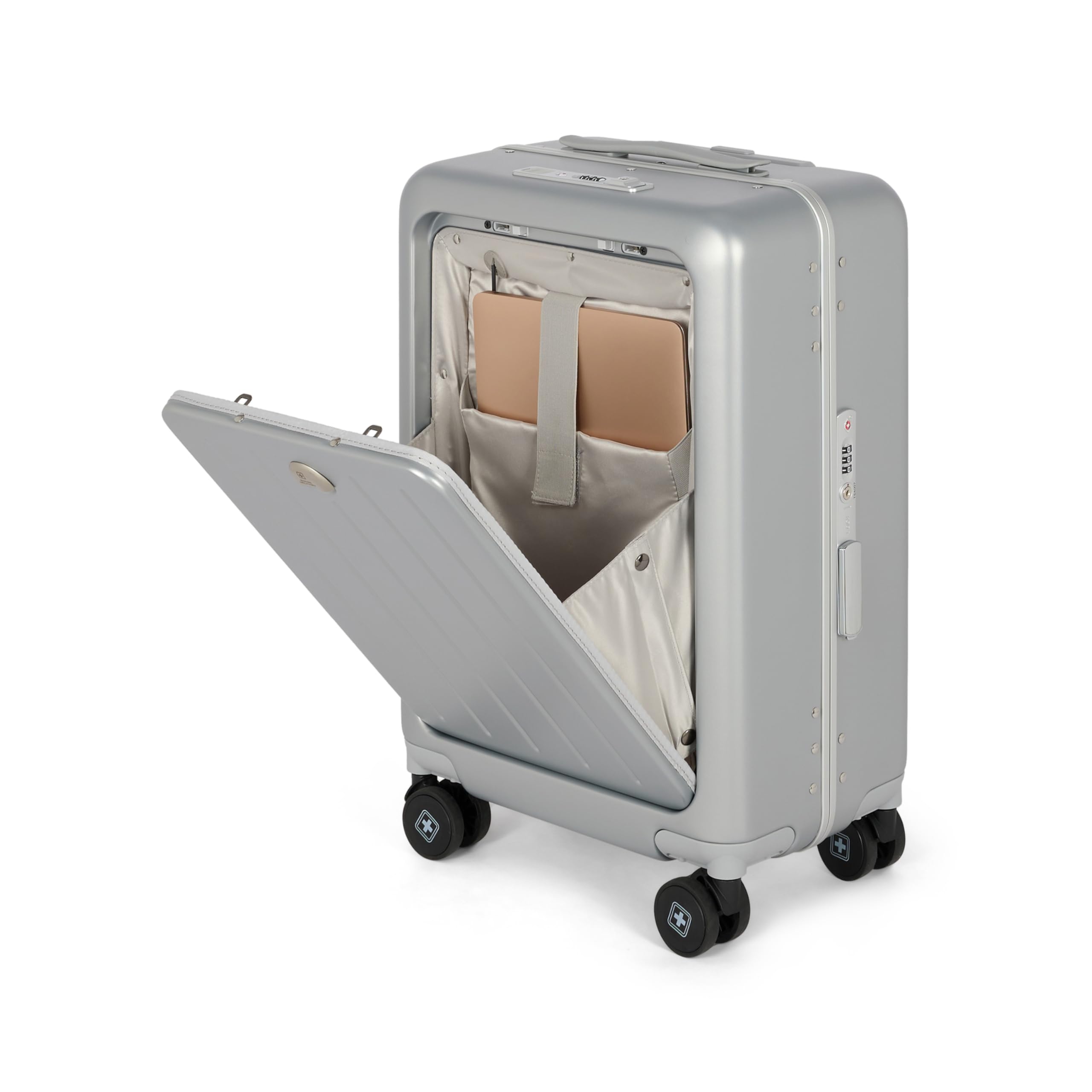 Black Gold Collection Bristol Luggage, Anti-Theft Zipperless Trolley, TSA Lock, 360° Wheels, USB & Type-C Port, 14" Laptop Compartment, 44L, Makrolon PC, (Free Cover) White, 55cm-image-41