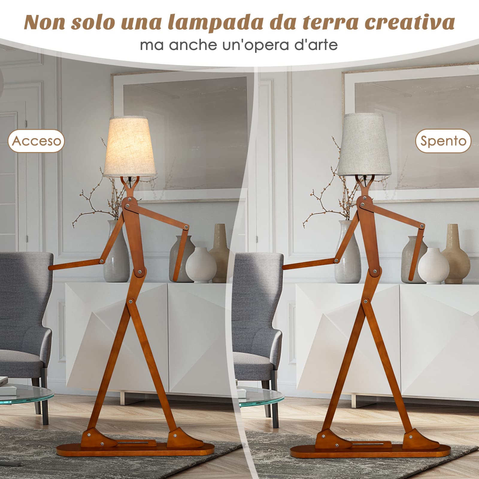 COSTWAY Lampada da Terra in Legno, Piantana Umanoide Decorativa ad Angolo con Articolazioni Regolabili, Paralume in Tessuto e Interruttore a Pedale, Lampa a Stelo da Salotto e Camera da Letto