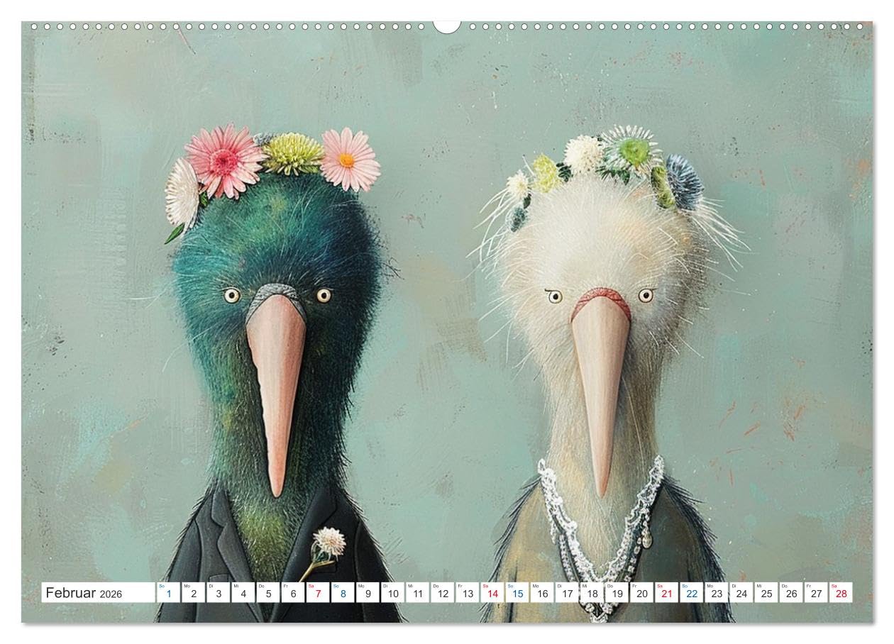 Federzauber und Hochzeitsfreuden (hochwertiger Premium Wandkalender 2026 DIN A2 quer), Kunstdruck in Hochglanz: Eine Vogelhochzeit neu dargestellt (CALVENDO Tiere)