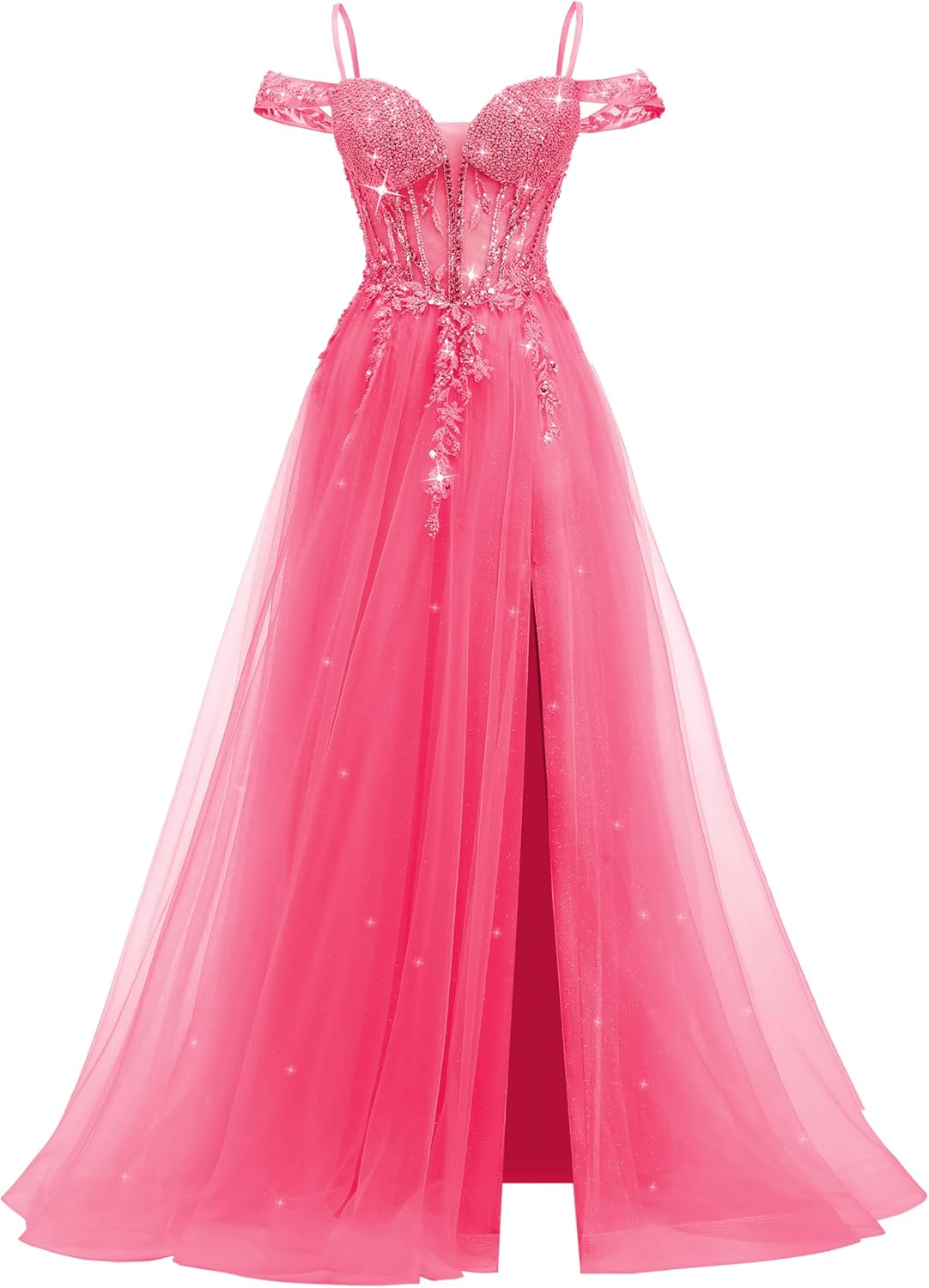 Sparkly Tulle Prom Dresses 2026 Off Shoulder Sweetheart Ball Gown Beaded Formal Dress with Slit