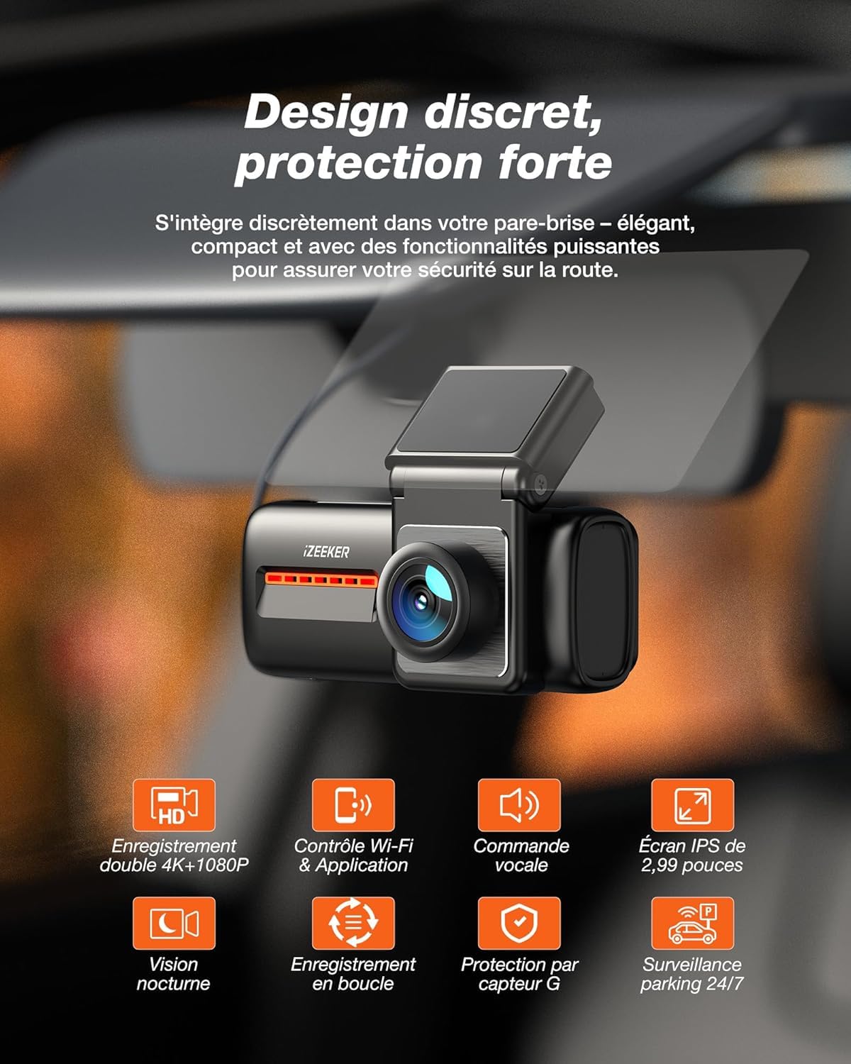 iZEEKER 4K Dashcam Voiture Avant Arrière, Wi-Fi 6 Intégré, Carte SD 32G Offerte, Caméra Dual 4K+1080P, Écran IPS 2,99", Contrôle APP, Vision Nuit, G Capteur, Enregistrement en Boucle, Mode Parking 24H
