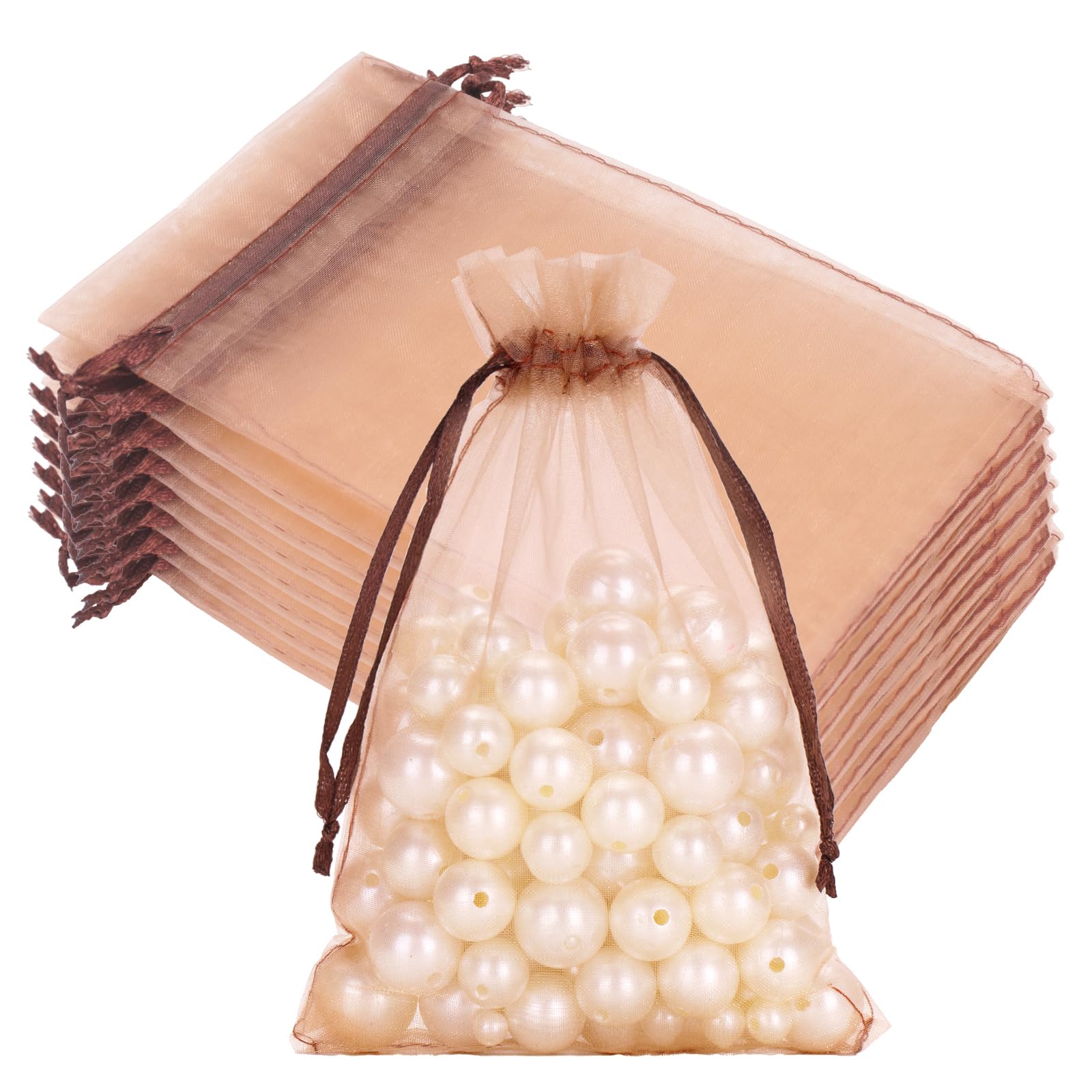 joycraft 50Pcs Light Brown Organza Bags - 4x6 In Party Favor Drawstring Mesh Pouch, Sheer Organza Jewelry Bags for DIY Craft, Christmas Gift, Small Business, Wedding Favor