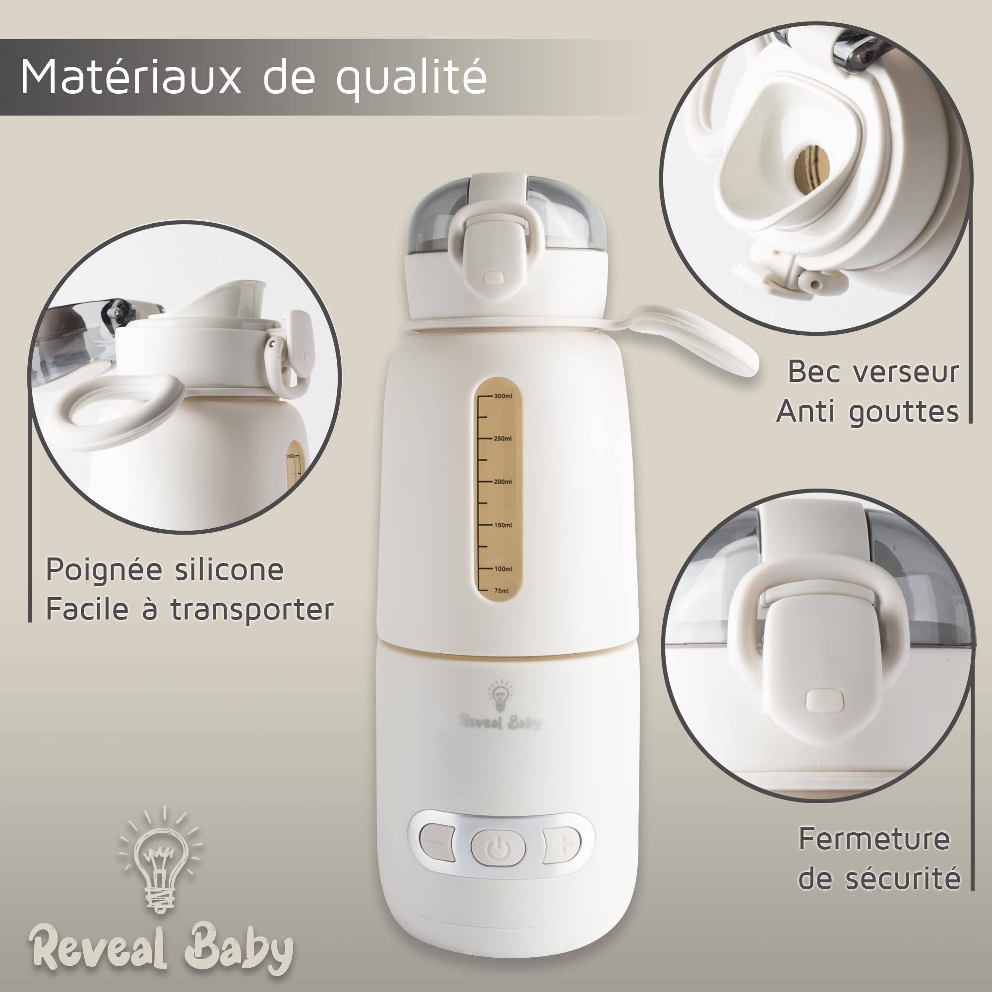 Chauffe Biberon Nomade Avec Chargeur Complet – Température Réglable 37-55°C – Rapide (2.55 Min) – Chauffe Biberon Portable Lait & Eau – Utilisation Voiture & Voyage – Sans BPA – Reveal Baby