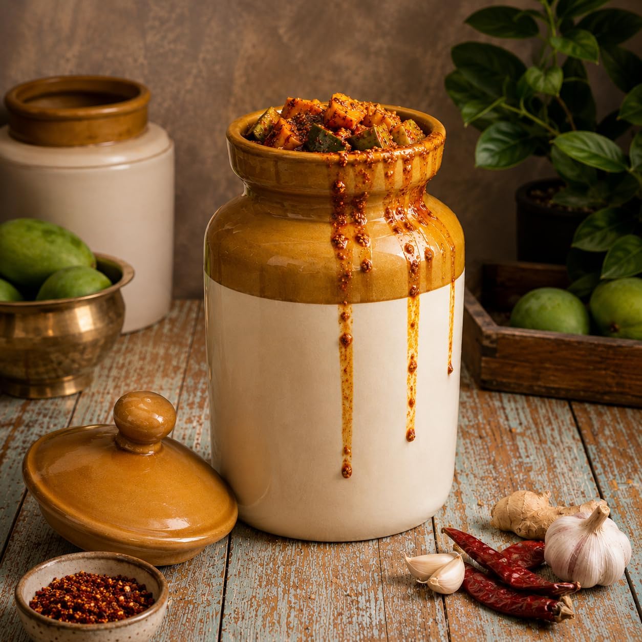 Pure Source India Ceramic Pickle Jar with Lid, 5000 ML, 1 Piece, Ivory & Brown Storage Container, Traditional Achar Martbaan for Pickles & Preserves