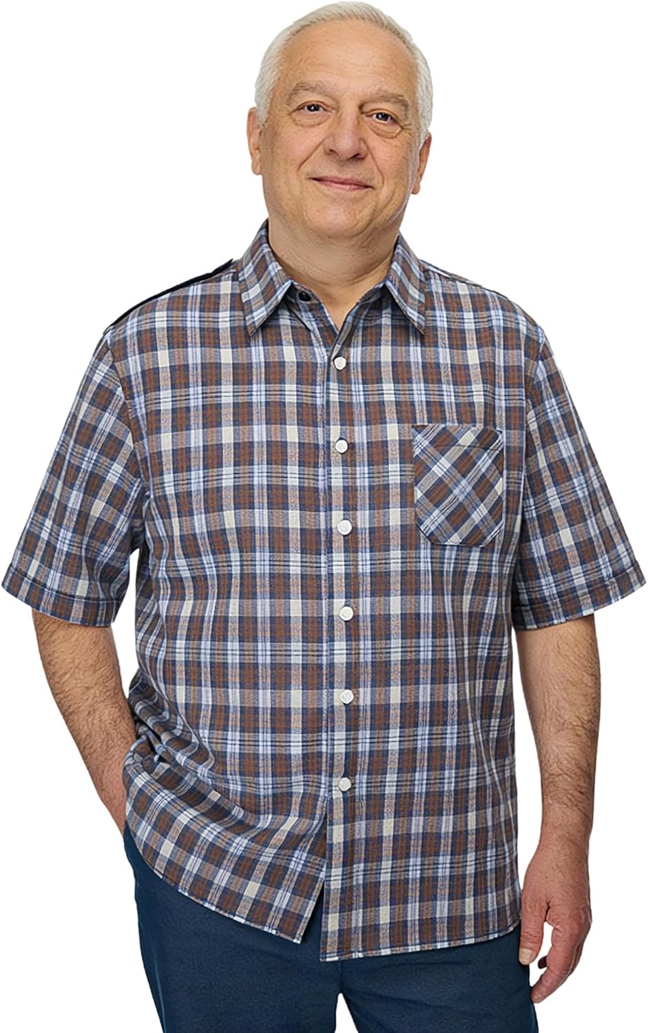 ranrann Men’s Adaptive Clothing Short Sleeve Shirt Top Open-Back Lapel Button Plaid Shirt for Elderly