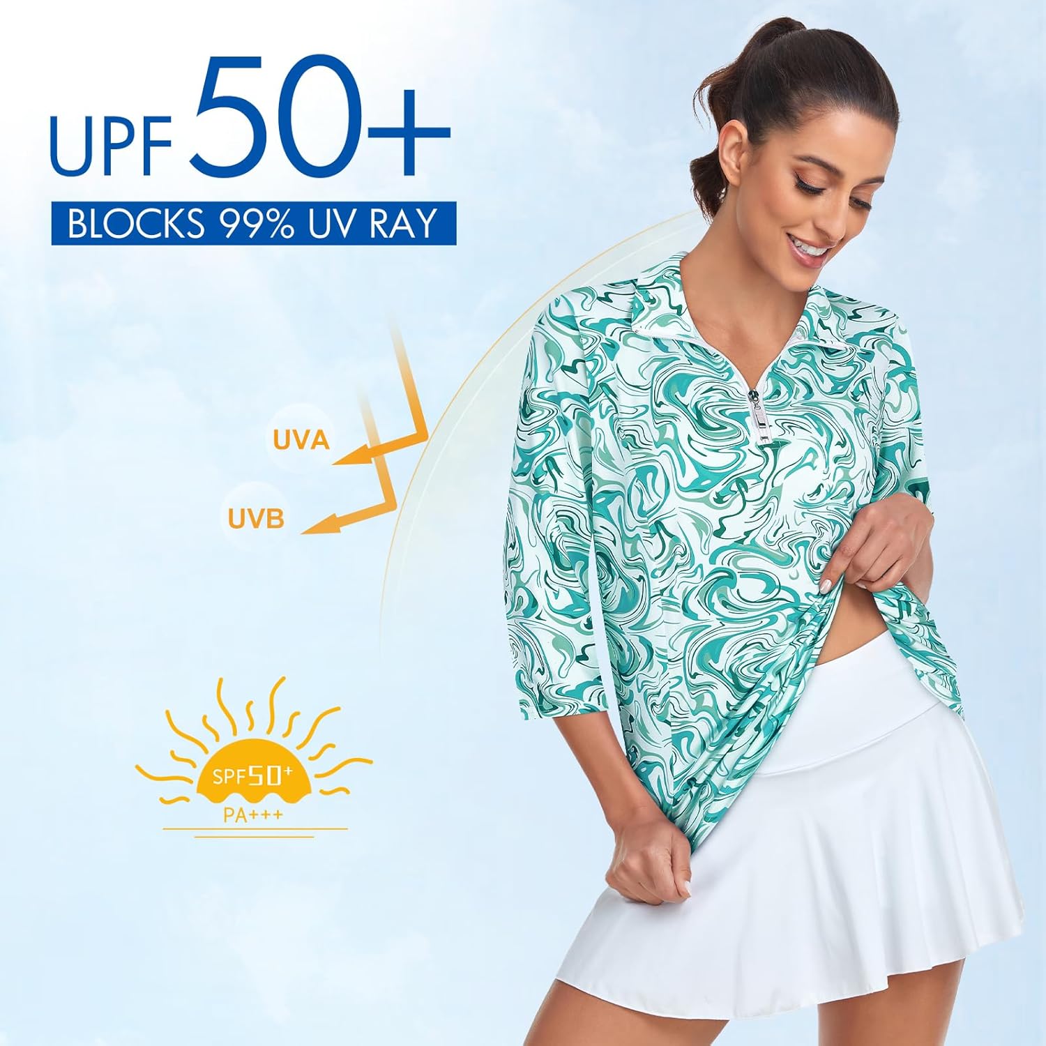 Tanst Sky Womens Golf Polo Shirts Zipper 3/4 Sleeve Moisture Wicking Tops UPF 50+ Workout Tennis Apparel - Image 4