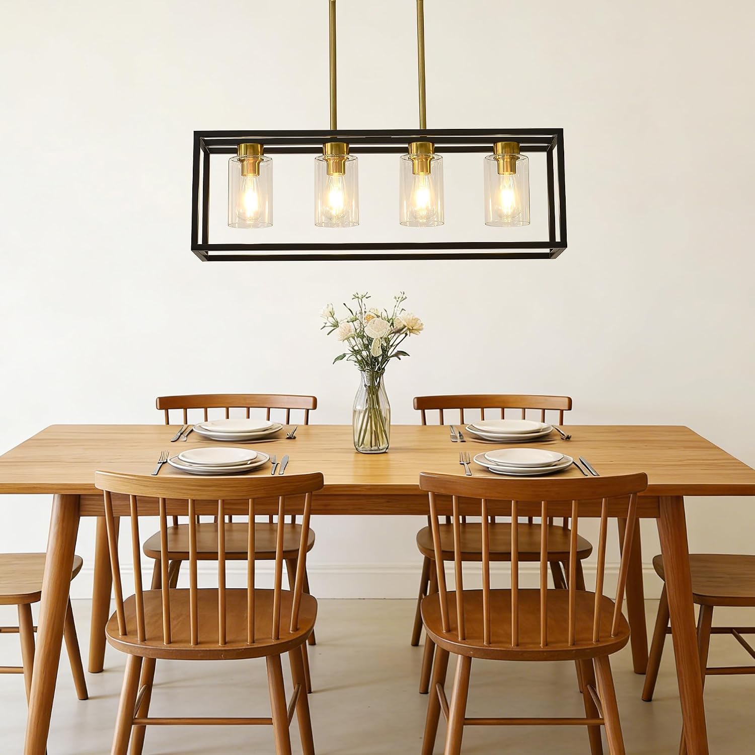 XILICON Brushed Nickel +Black l Dining Room Chandeliers Lighting Fixture Linear Pendant Modern 4-Light with Glass Shades Vintage Farmhouse Ceiling Light Hanging for Kitchen Island Cafe Bar